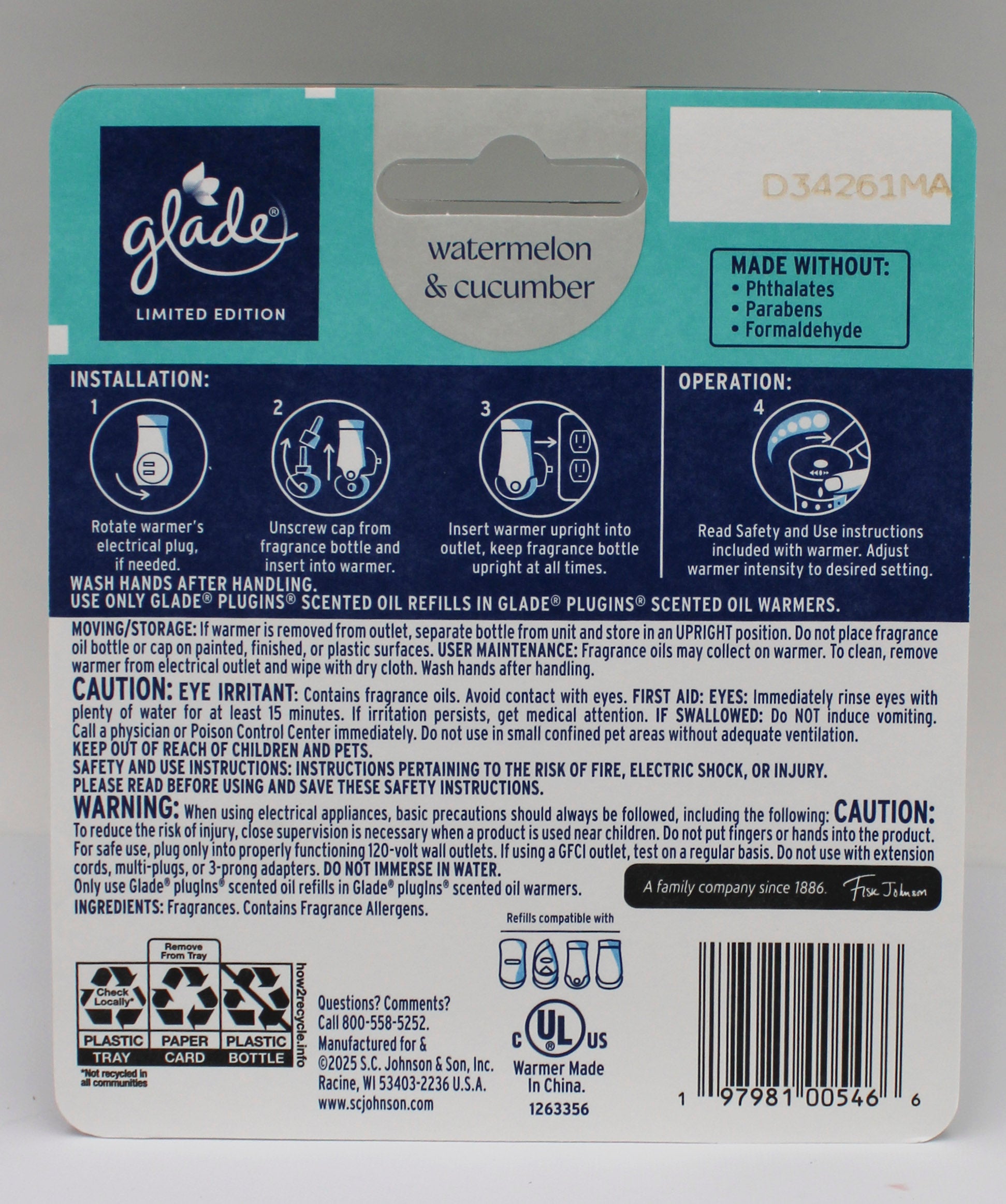Glade PlugIns Scented Oil Watermelon & Cucumber 1 Warmer + 2 Refills 0.67fl oz