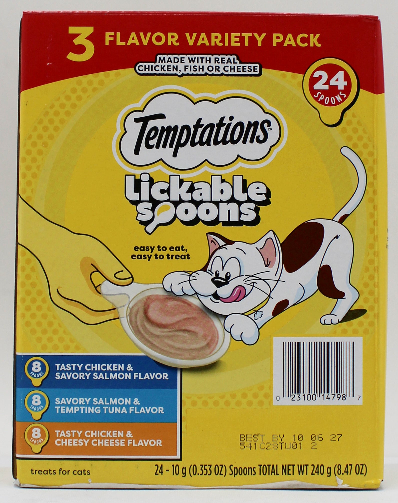 TEMPTATIONS CHEESE, SALMON, TUNA AND CHICKEN FLAVOR LICKABLE SPOONS CAT TREATS - 8.46OZ (24 PK) BB 10/06/2027