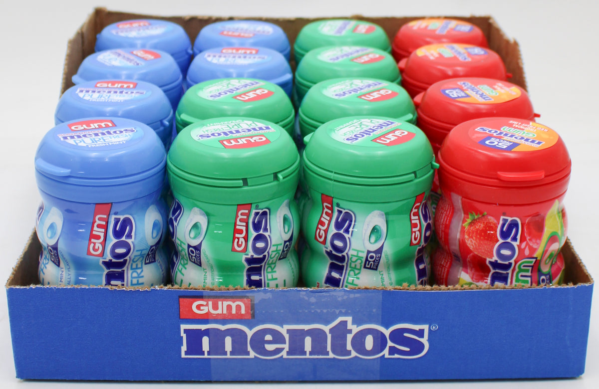MENTOS PURE FRESH SUGAR-FREE CHEWING GUM, 3-FLAVOR, 50-PIECE CURVY BOTTLE DISPLAY-READY TRAY BB 9/30/27 NI