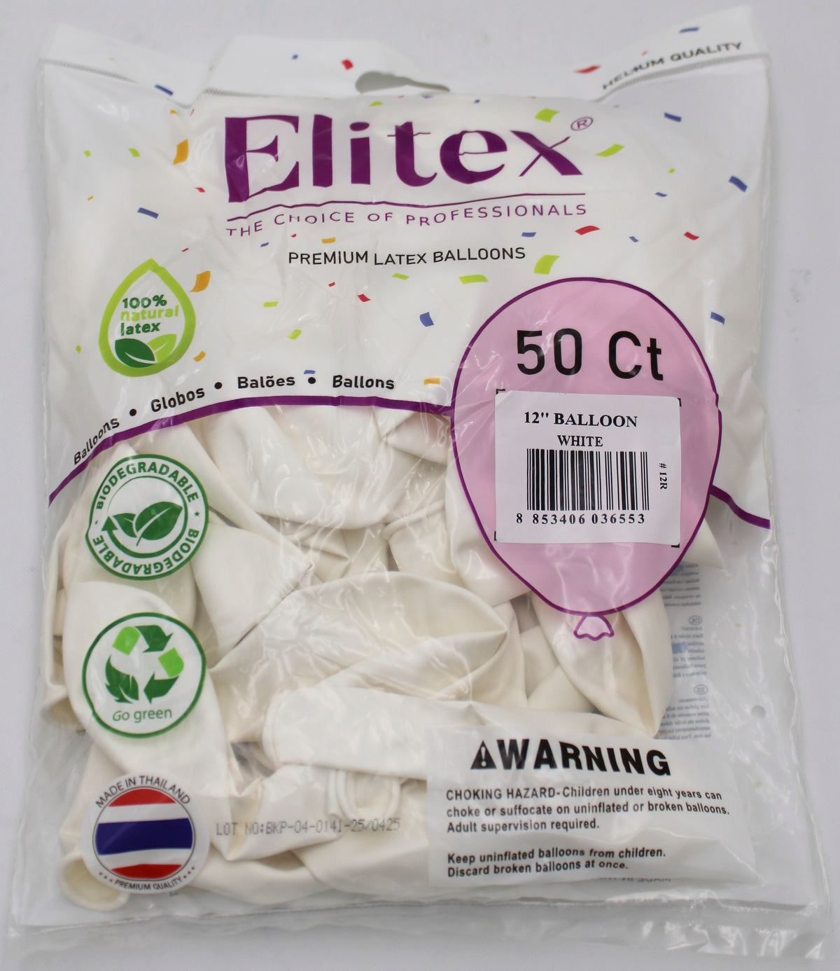ELITEX 12" WHITE ROUND BALLOON, 50 PACK