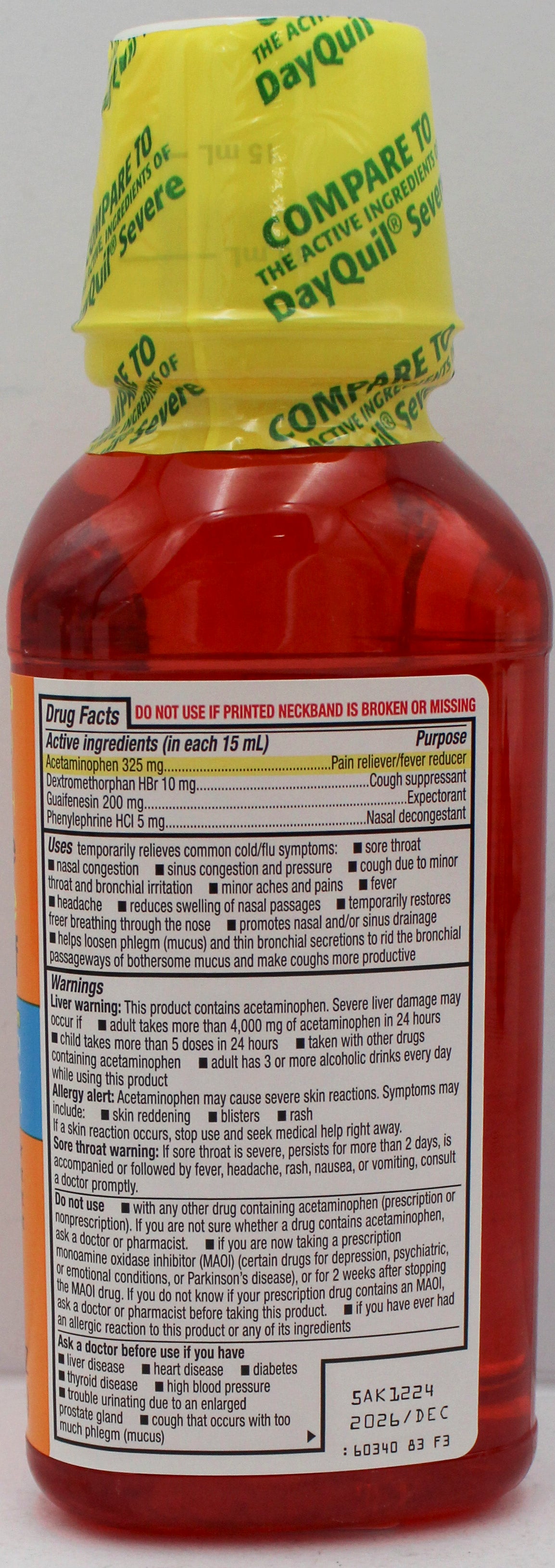 RITE AID DAYTIME SEVERE COLD & FLU RELIEF MAXIMUM STRENGTH 12oz EXP 12/31/2026 COMPARES TO Dayquil