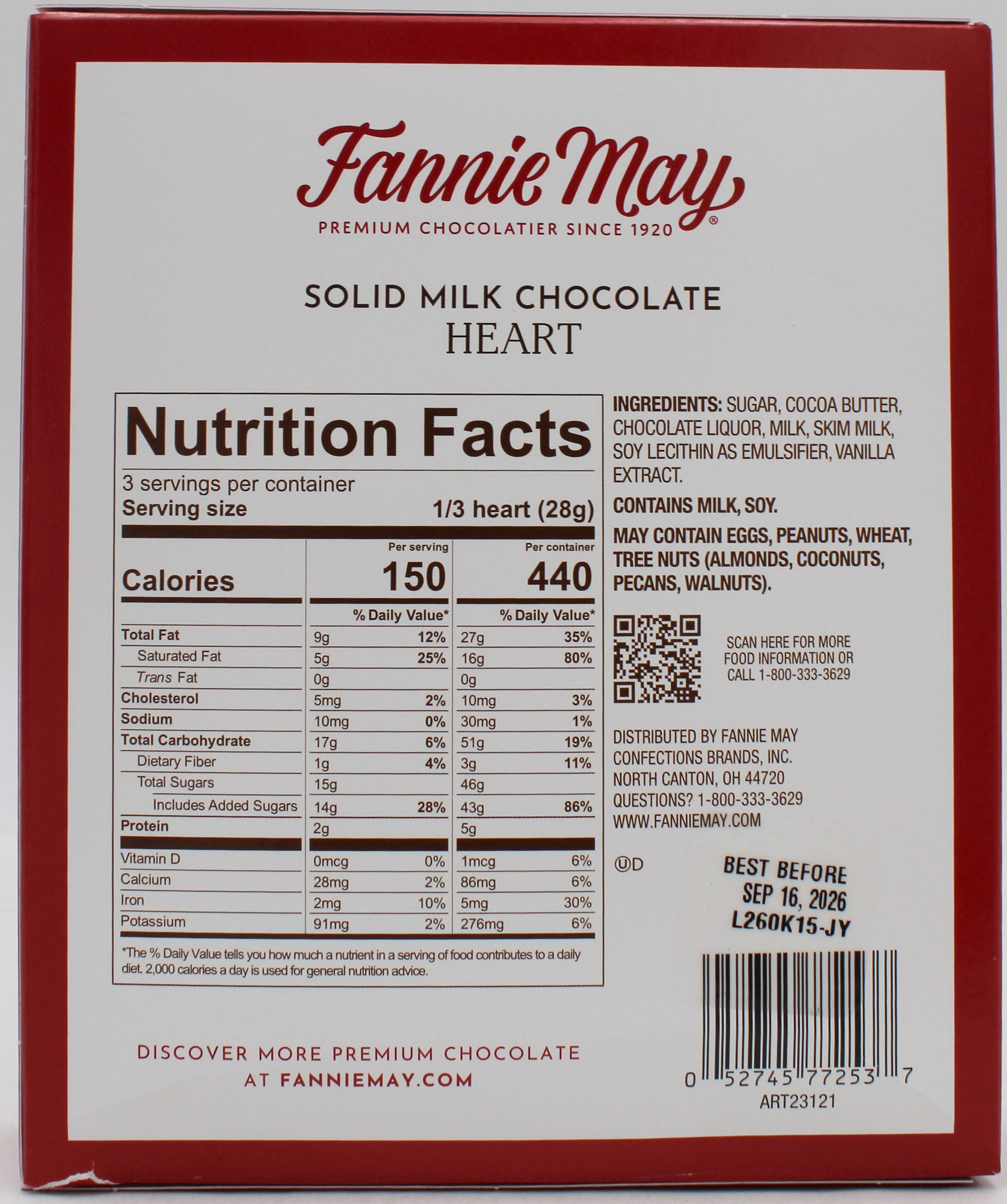 FANNIE MAY SOLID MILK CHOCOLATE HEART 3 Oz BB 9/16/26