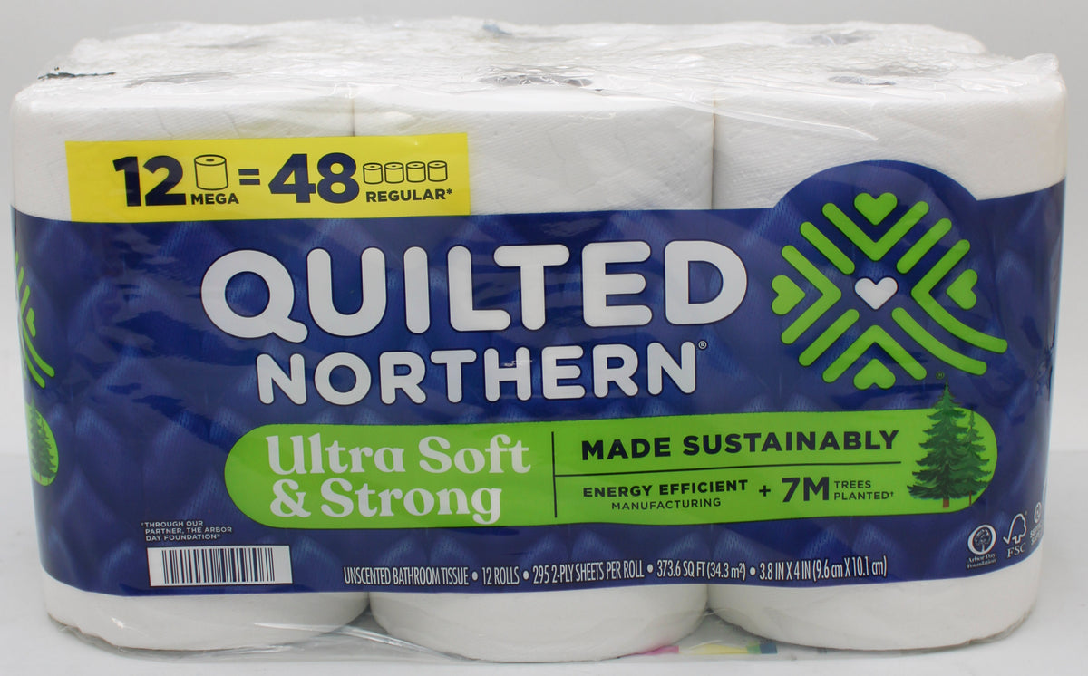 12 MEGA ROLL ULTRA SOFT AND STRONG QUILTED NORTHERN TOILET PAPER