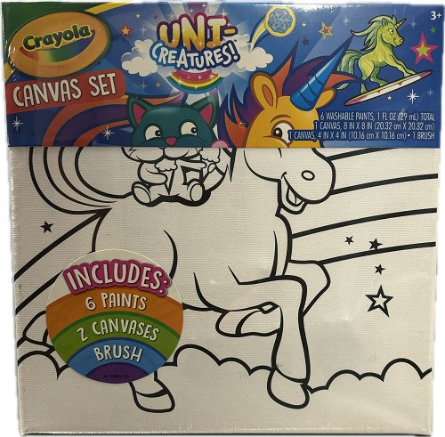 CRAYOLA CANVAS SET UNI CREATURES! INCLUDES:6-1ozPAINTS 2CANVASES 1BRUSH NI