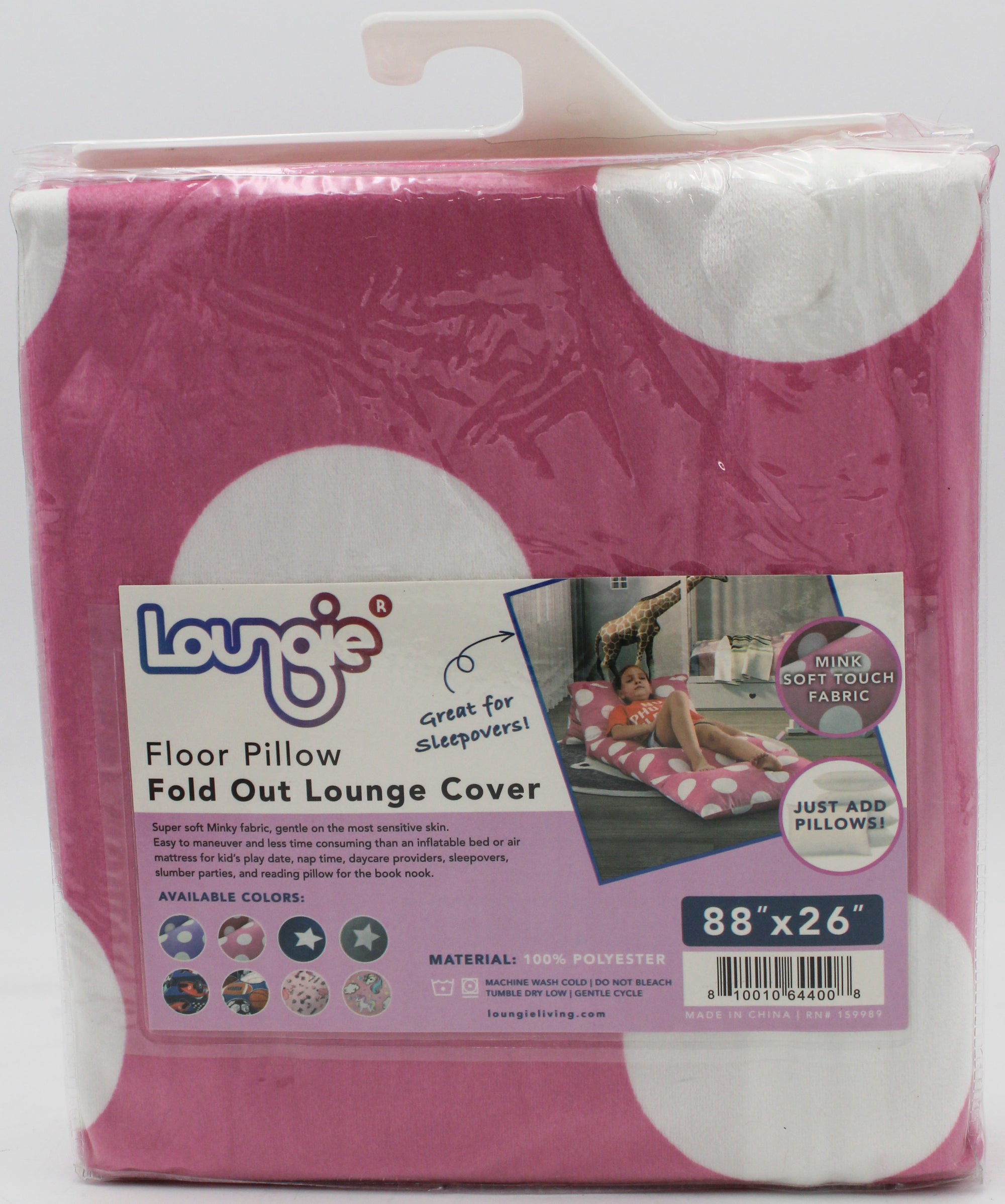 Loungie Kids Pillow Lounger Cover - 88" Floor Lounger Fold Out Bed Cover Mat for Sleepovers, Travel, Napping, Polka Dots Pink