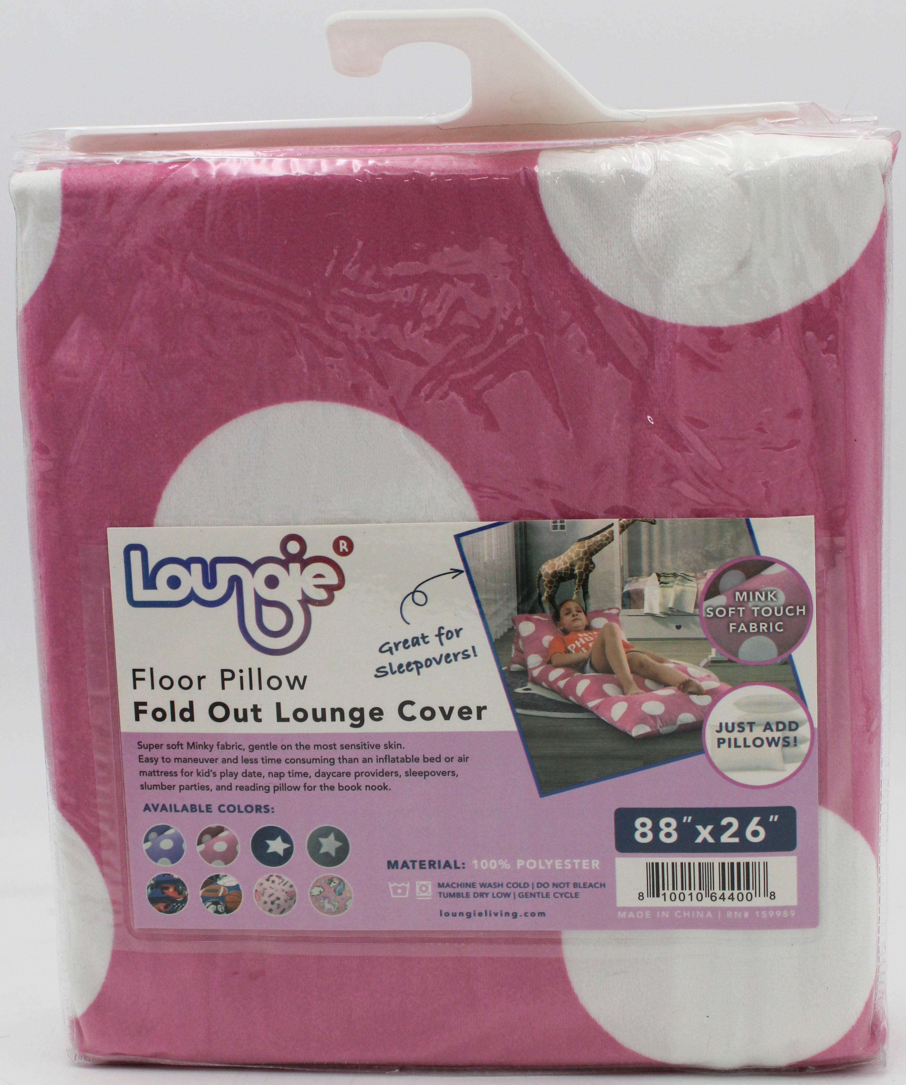 Loungie Kids Pillow Lounger Cover - 88" Floor Lounger Fold Out Bed Cover Mat for Sleepovers, Travel, Napping, Polka Dots Pink