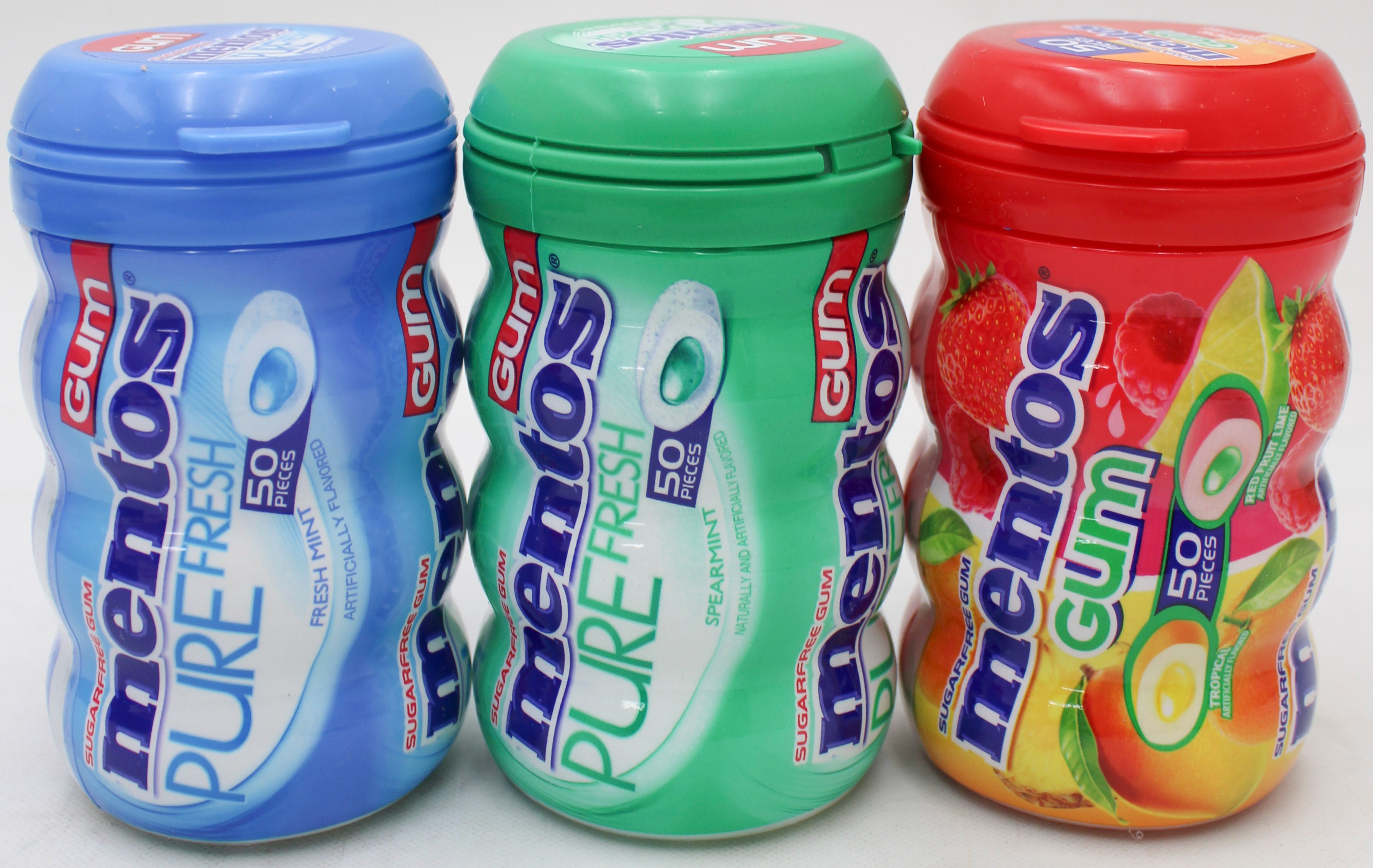 MENTOS PURE FRESH SUGAR-FREE CHEWING GUM, 3-FLAVOR, 50-PIECE CURVY BOTTLE DISPLAY-READY TRAY BB 9/30/27 NI