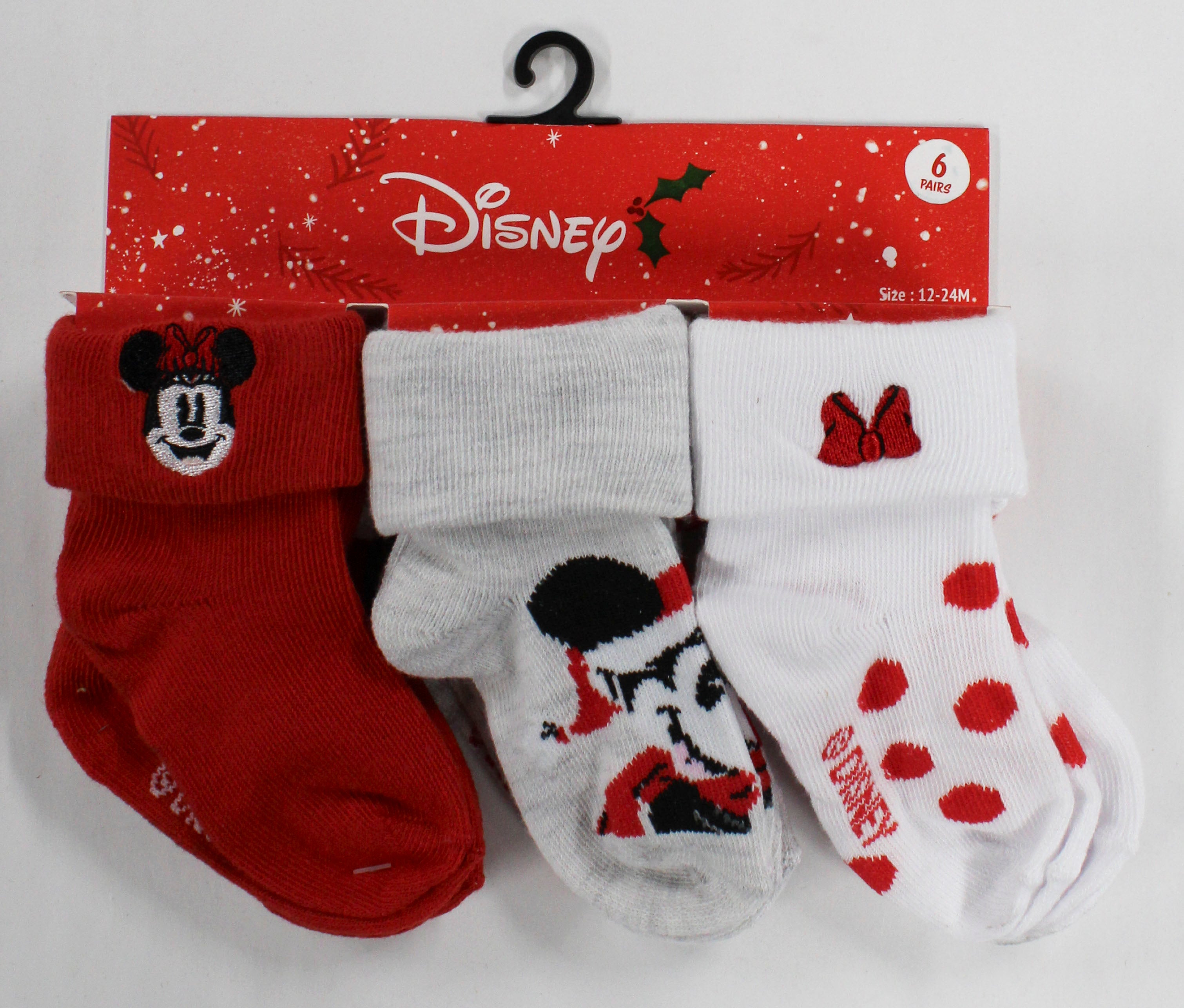 6pk 12-24m MINNIE MOUSE XMAS TURN CUFF SOCKS