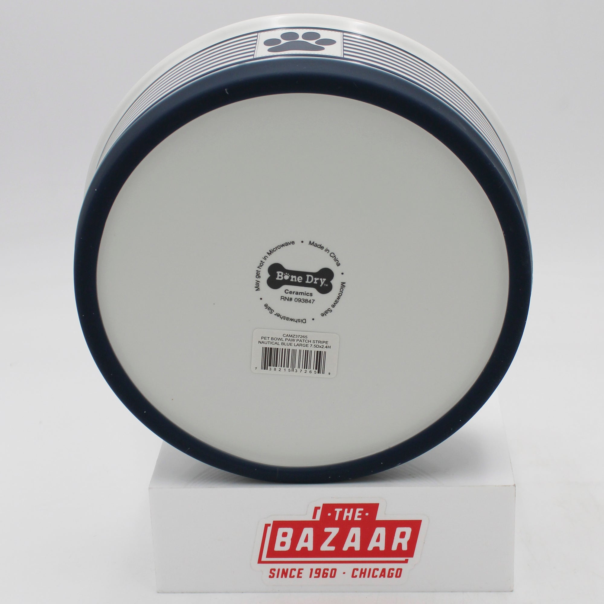 CERAMIC PET BOWL - PAW PATCH STRIPE NAUTICAL BLUE - LARGE 7.5Dx2.4H