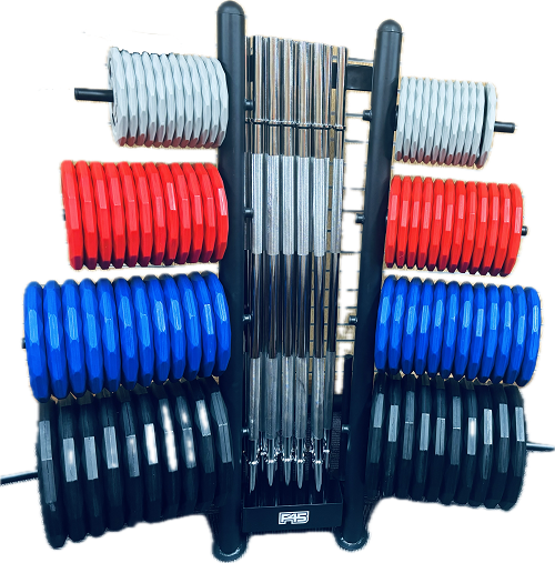 F45 PUMP SET 92PLATES 12BARBELLS 24 COLLARS & RACK