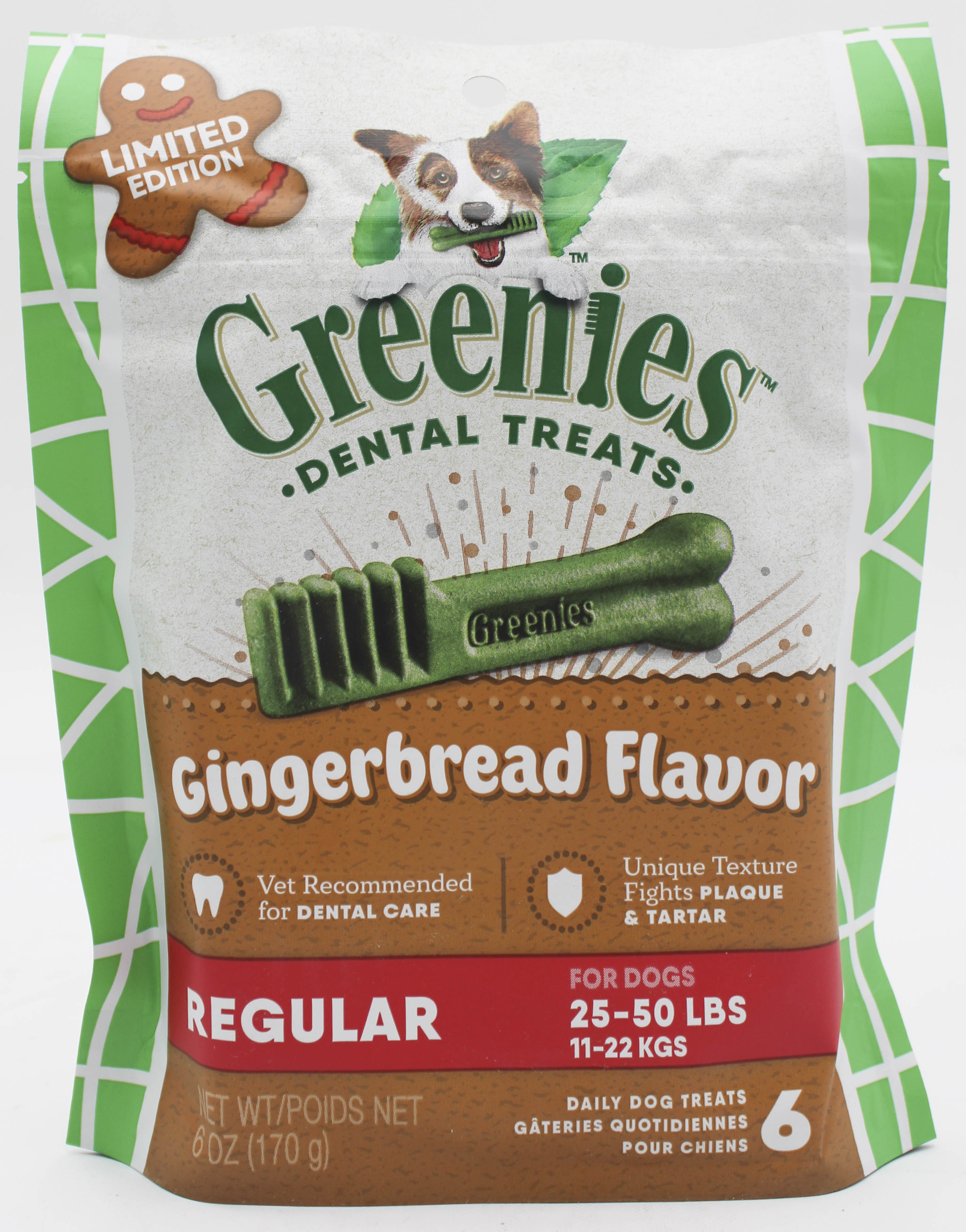 GREENIES GINGERBREAD FLAVOR REGULAR SIZE DENTAL CARE DOG TREAT CHEWS 6 OZ (6 PK) BB 1/19/2027
