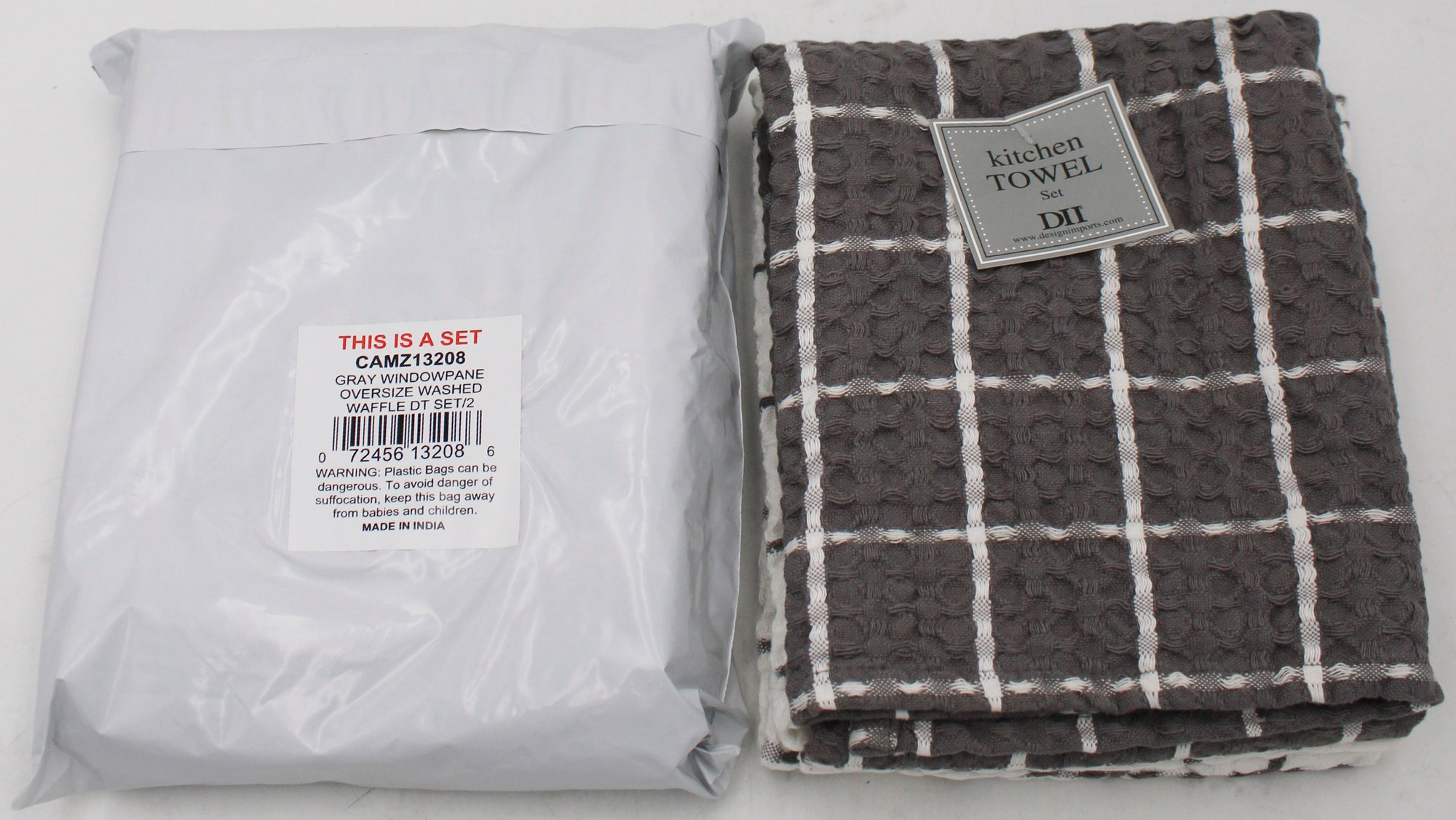 2CT DISHTOWEL SET-GRAY WINDOWPANE OVERSIZE WASHED WAFFLE