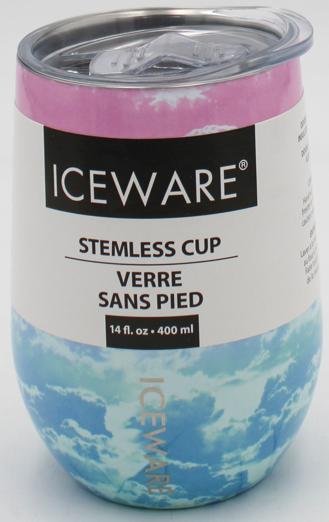 14oz DOUBLE WALL STEMLESS WINE CUP - PINK BLUE CLOUDS