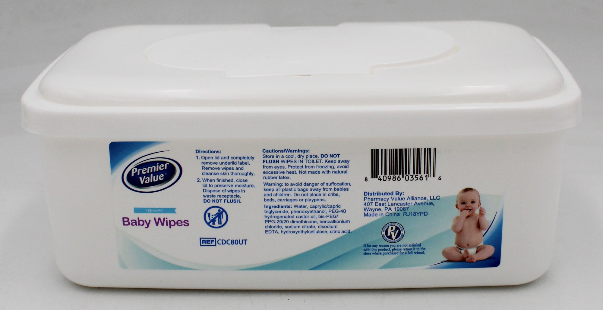 PREMIER VALUE BABY WIPES UNSCENTED 80ct TUB W/ LID EXP 3/2026 NI