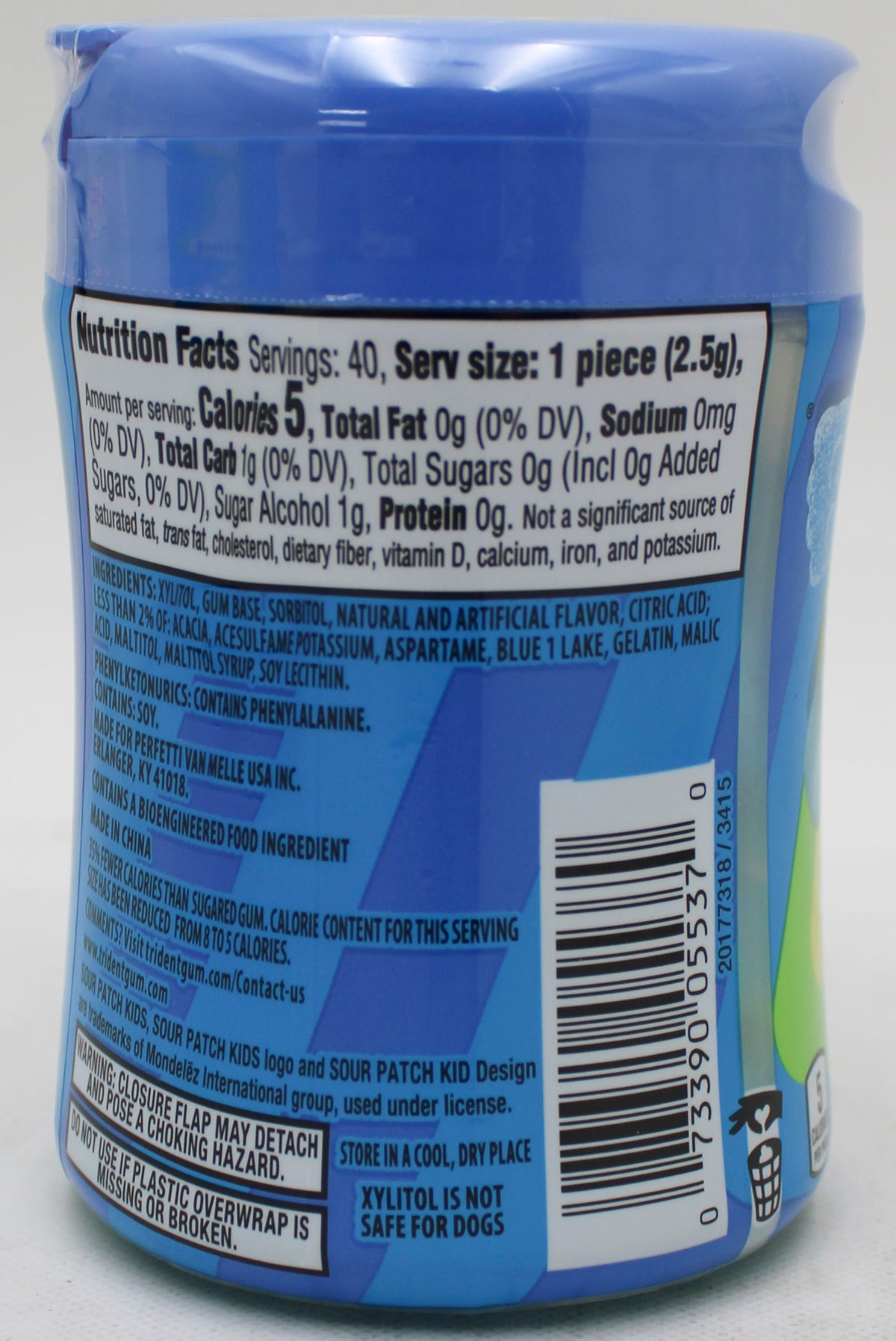 TRIDENT VIBES SOUR PATCH KIDS SUGAR-FREE CHEWING GUM, BLUE RASPBERRY, 40-PIECE BOTTLE BB 2/22/27 NI