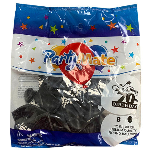 ROUND BALLON 12"/8CT-70TH BDAY/BLAK.