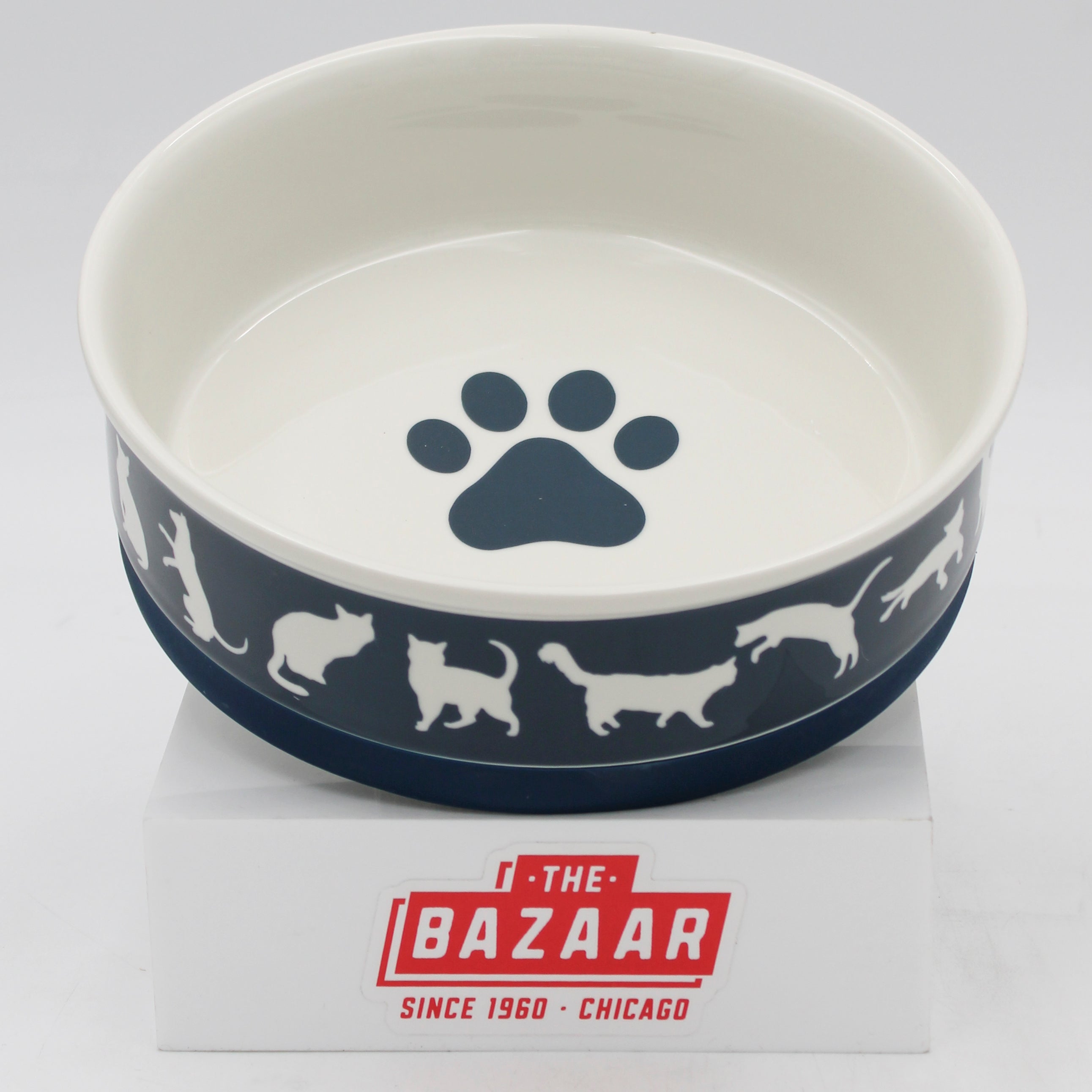 CERAMIC PET BOWL - CATS MEOW NAVY - LARGE 7.5Dx2.4H