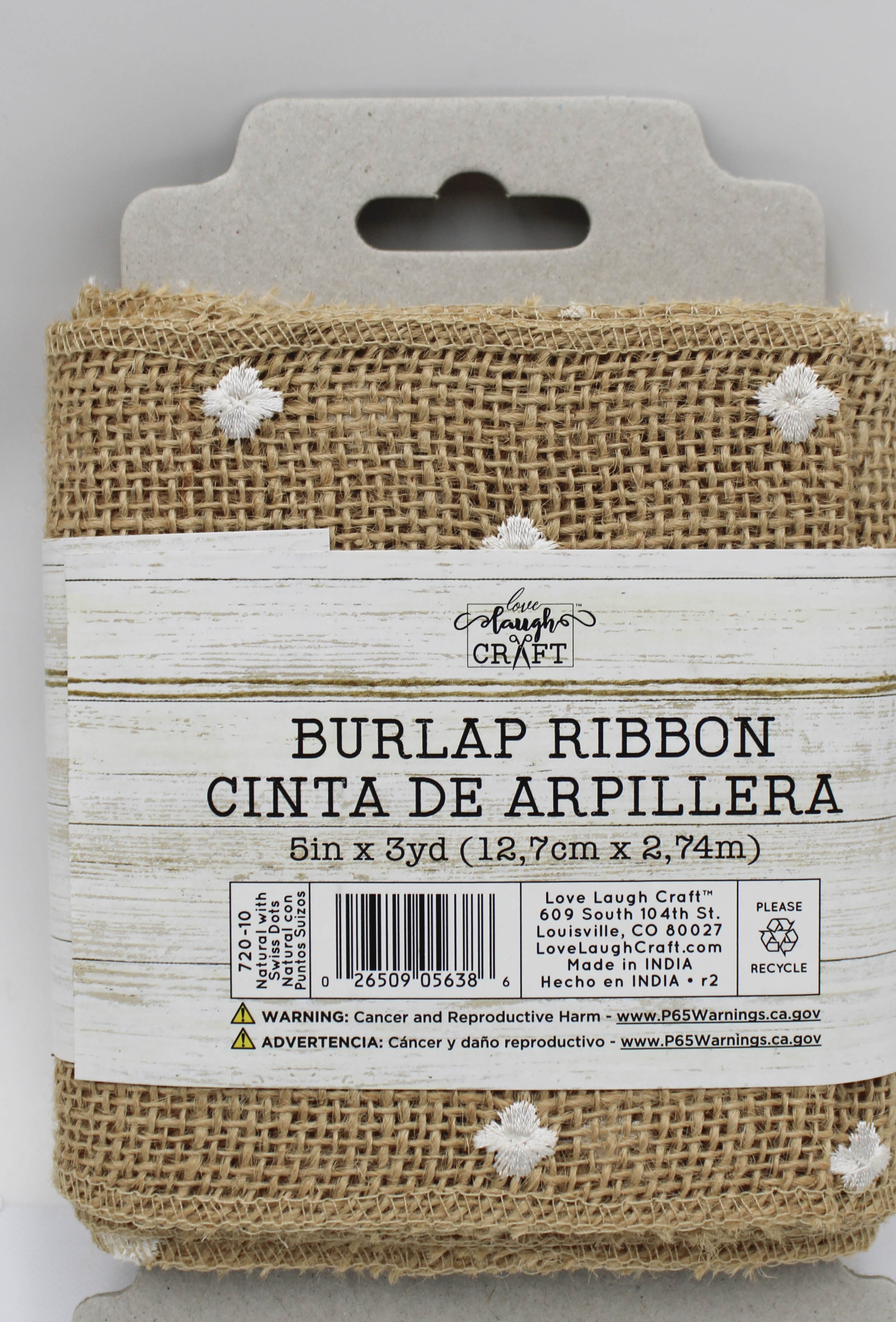 5 IN  X 3 YD   NATURAL BURLAP RIBBON - FINISHED EDGES - WHITE STITCHED SWISS DOTS