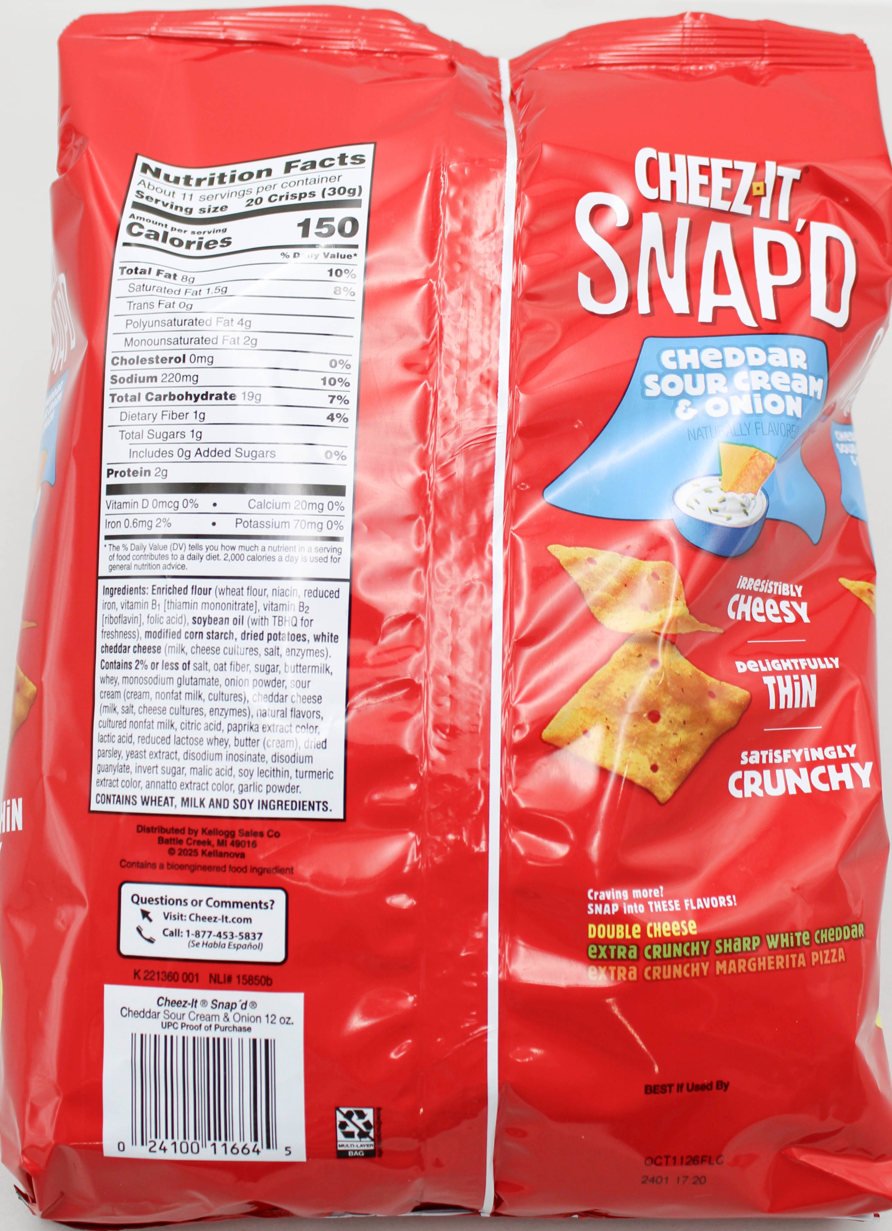 CHEEZ-IT SNAP'D CHEDDAR SOUR CREAM & ONION CRACKER FAMILY SIZE 12 Oz BB 10/11/26 NI