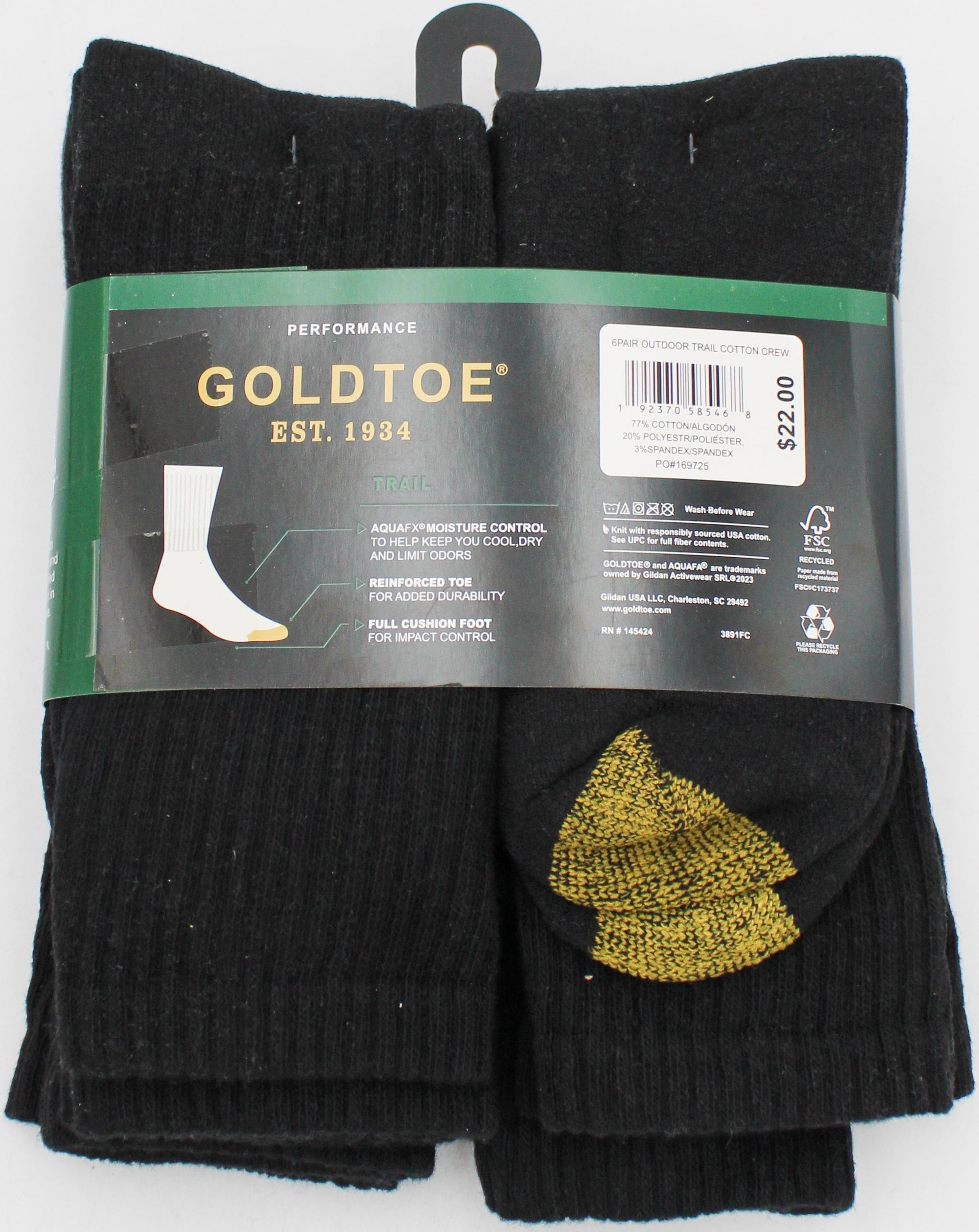 GOLDTOE 6PK CREW SOCKS BLACK PP$22.00 SZ 6-12 NI