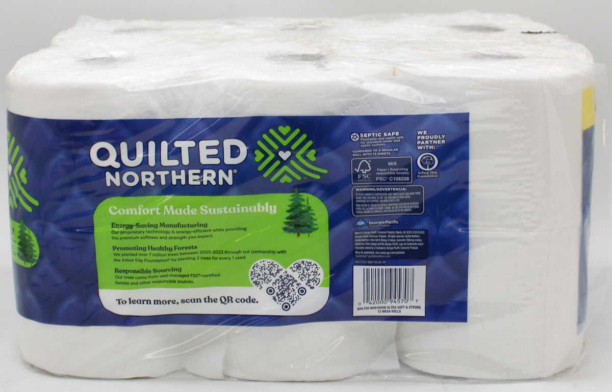 12 MEGA ROLL ULTRA SOFT AND STRONG QUILTED NORTHERN TOILET PAPER