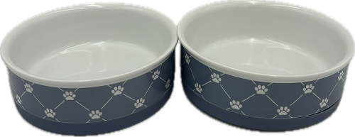 PET BOWL - TRELLIS PAW STONEWASH BLUE - MEDIUM 6Dx2H SET/2,