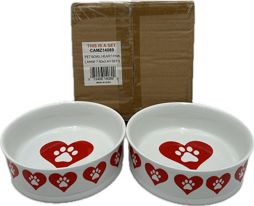 PET BOWL - HEART PAW LARGE 7.5Dx2.4H SET/2