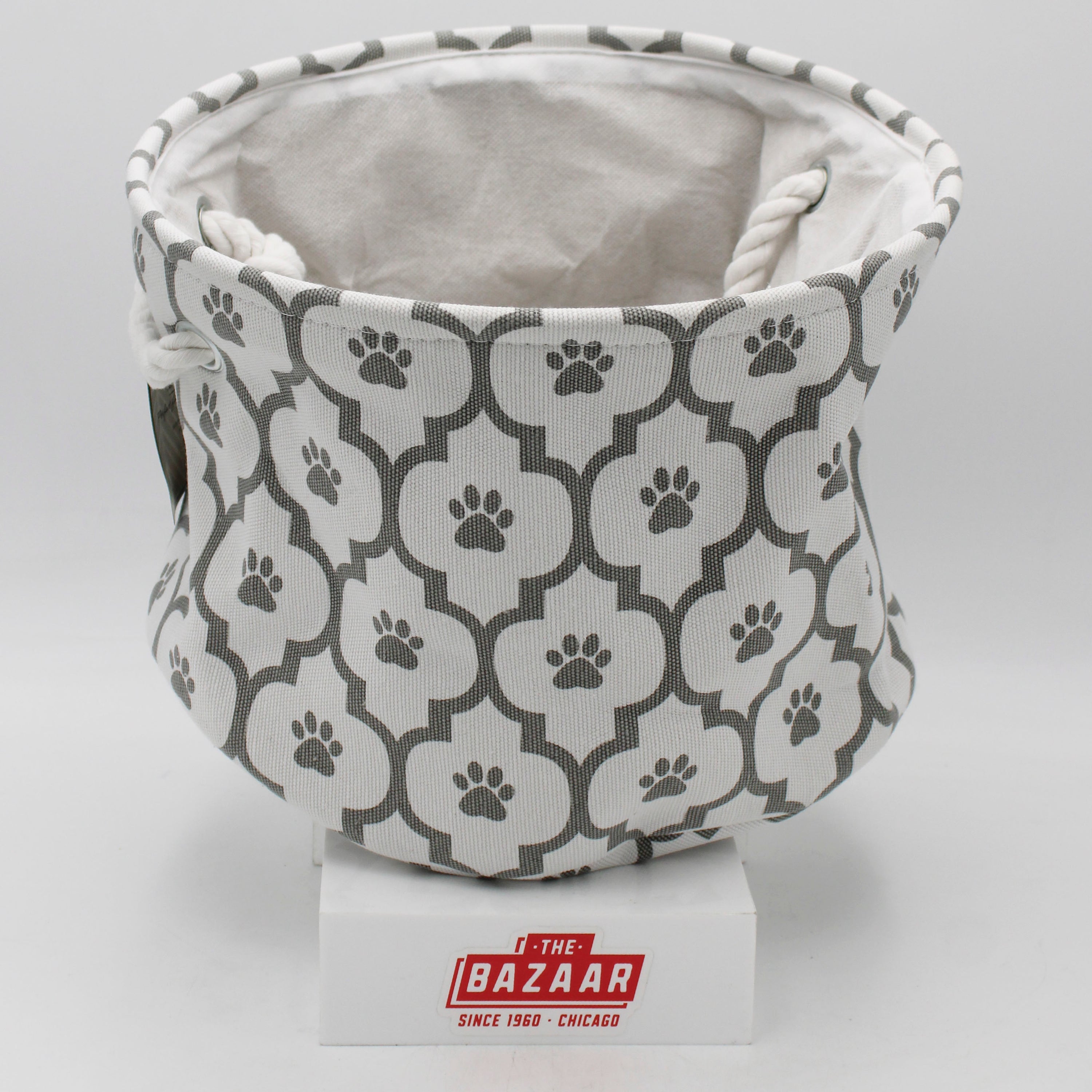 POLYESTER PET BIN PAW LATTICE GRAY ROUND SMALL 9x12x12