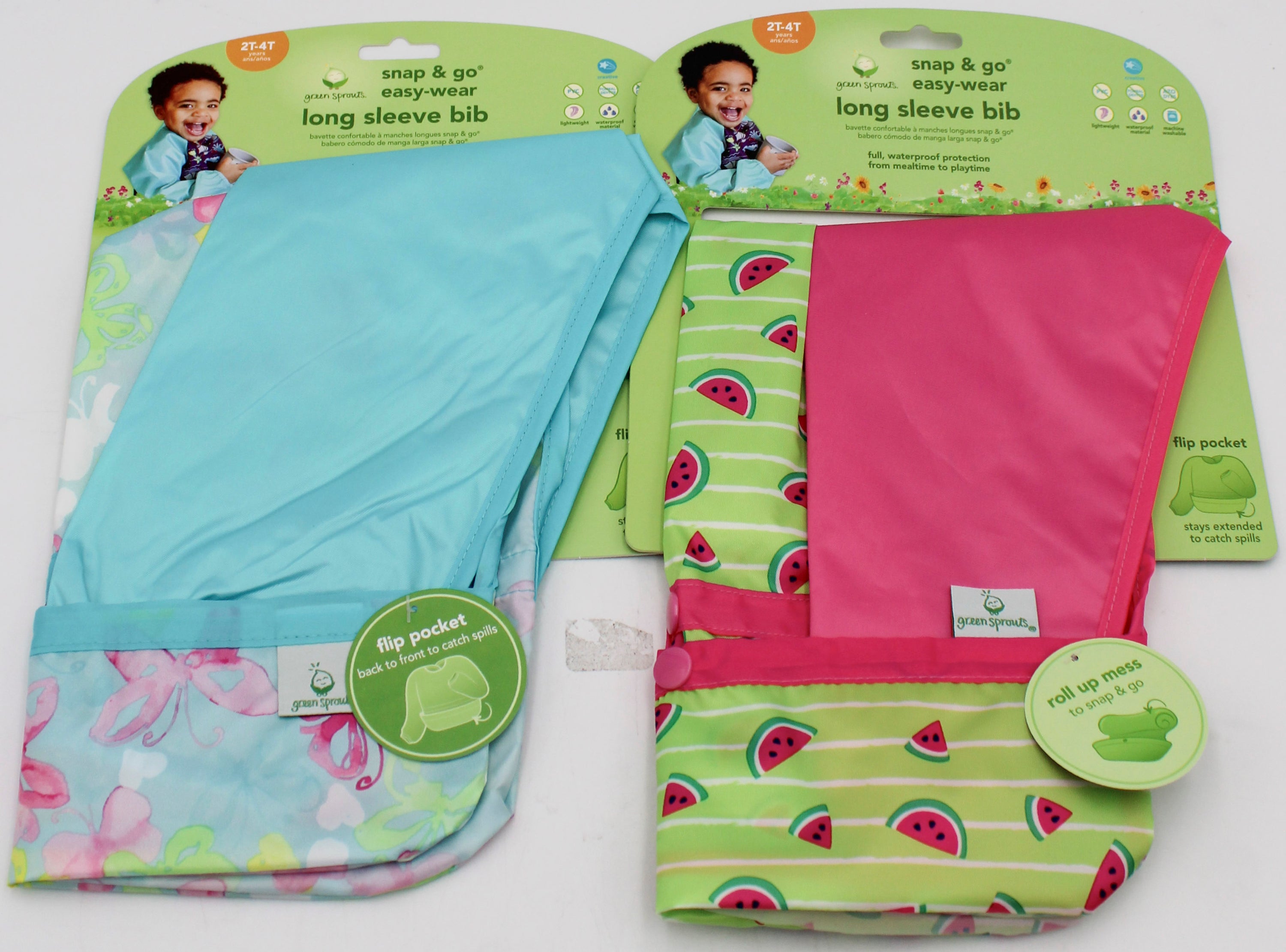 O2COOL SNAP & GO EASY WEAR LONG SLEEVE BIB - BUTTERFLIES & WATERMELON - 2T-4T NI