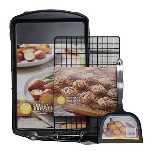 WILTON PERFECT RESULTS COOKIE SHEET SET W/RACK, SCOOP, SPATULA 17.25X11.5X1IN