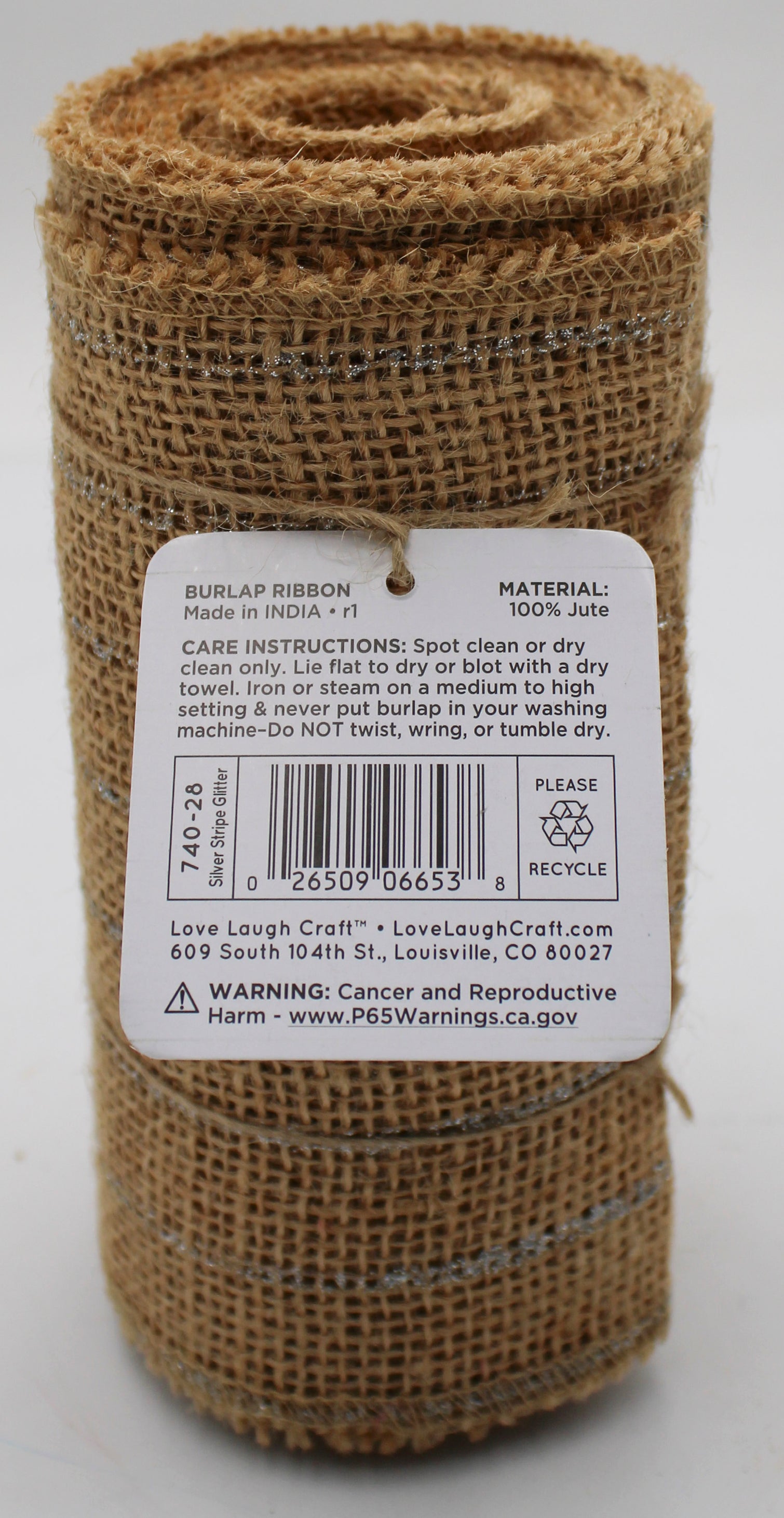 6 IN X 5 YD BURLAP RIBBON - NATURAL SILVER STRIPE GLITTER