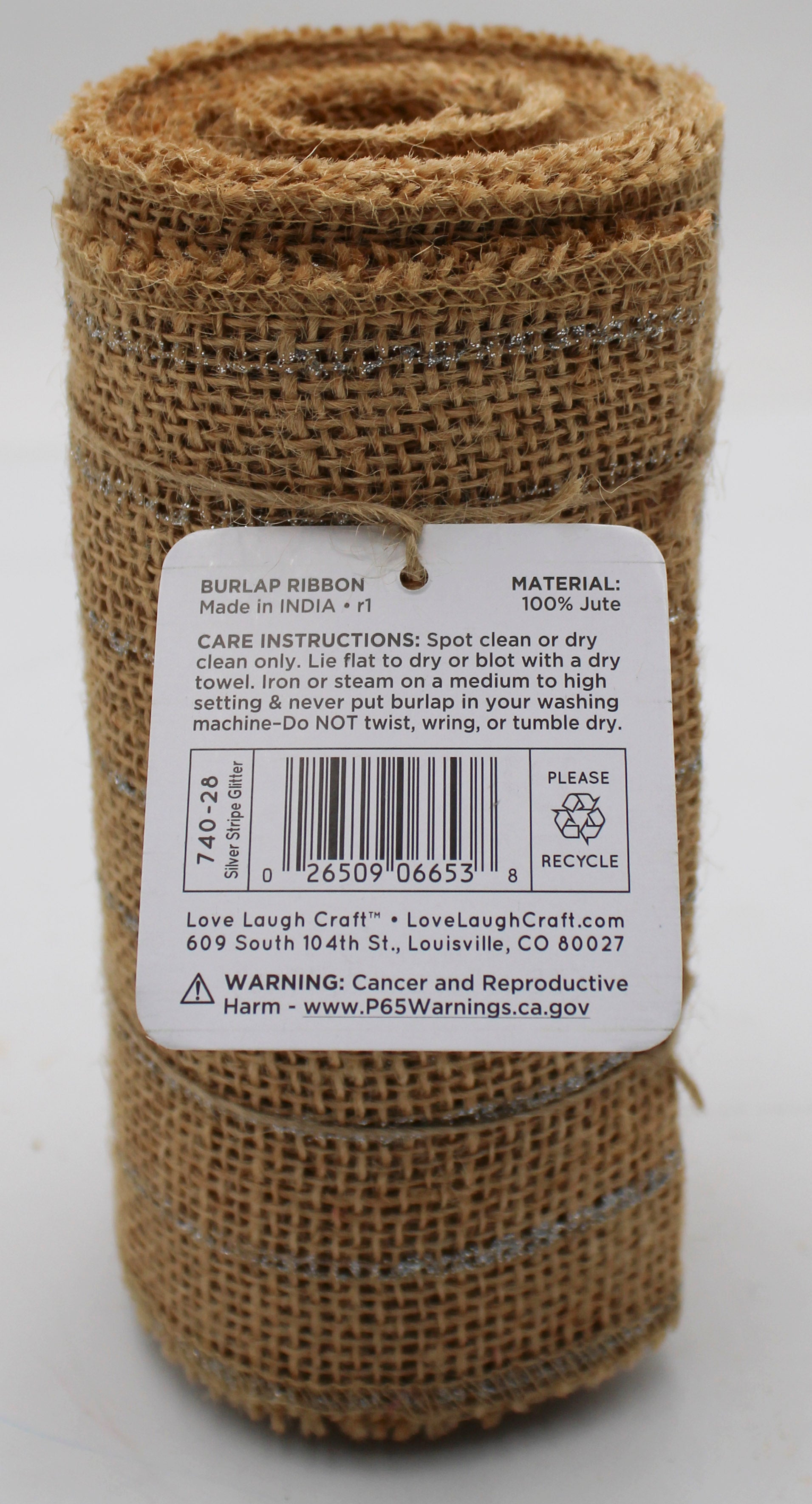 6 IN X 5 YD BURLAP RIBBON - NATURAL SILVER STRIPE GLITTER