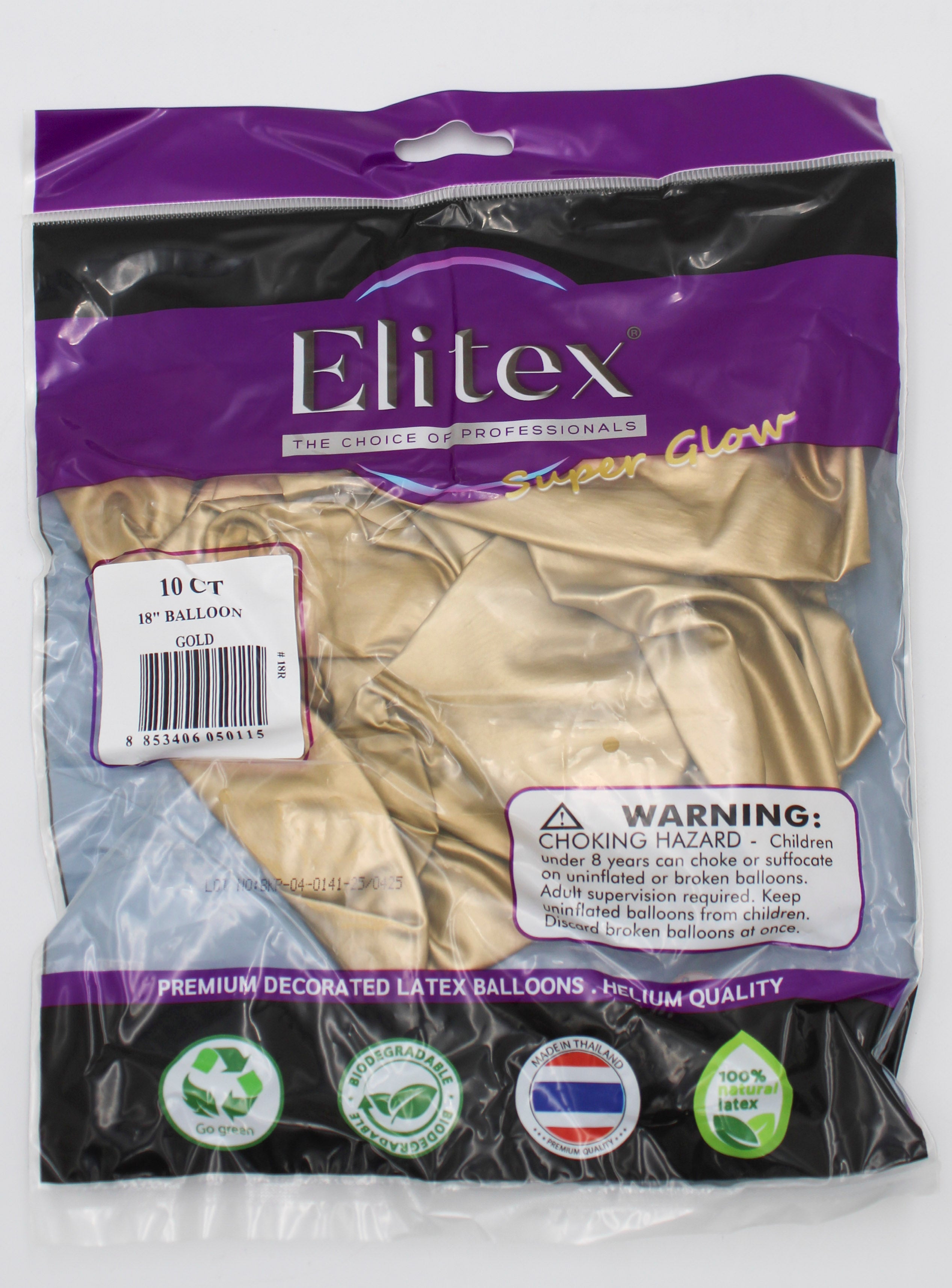 ELITEX 18" SUPERGLOW GOLD ROUND BALLOON, 10 PACK