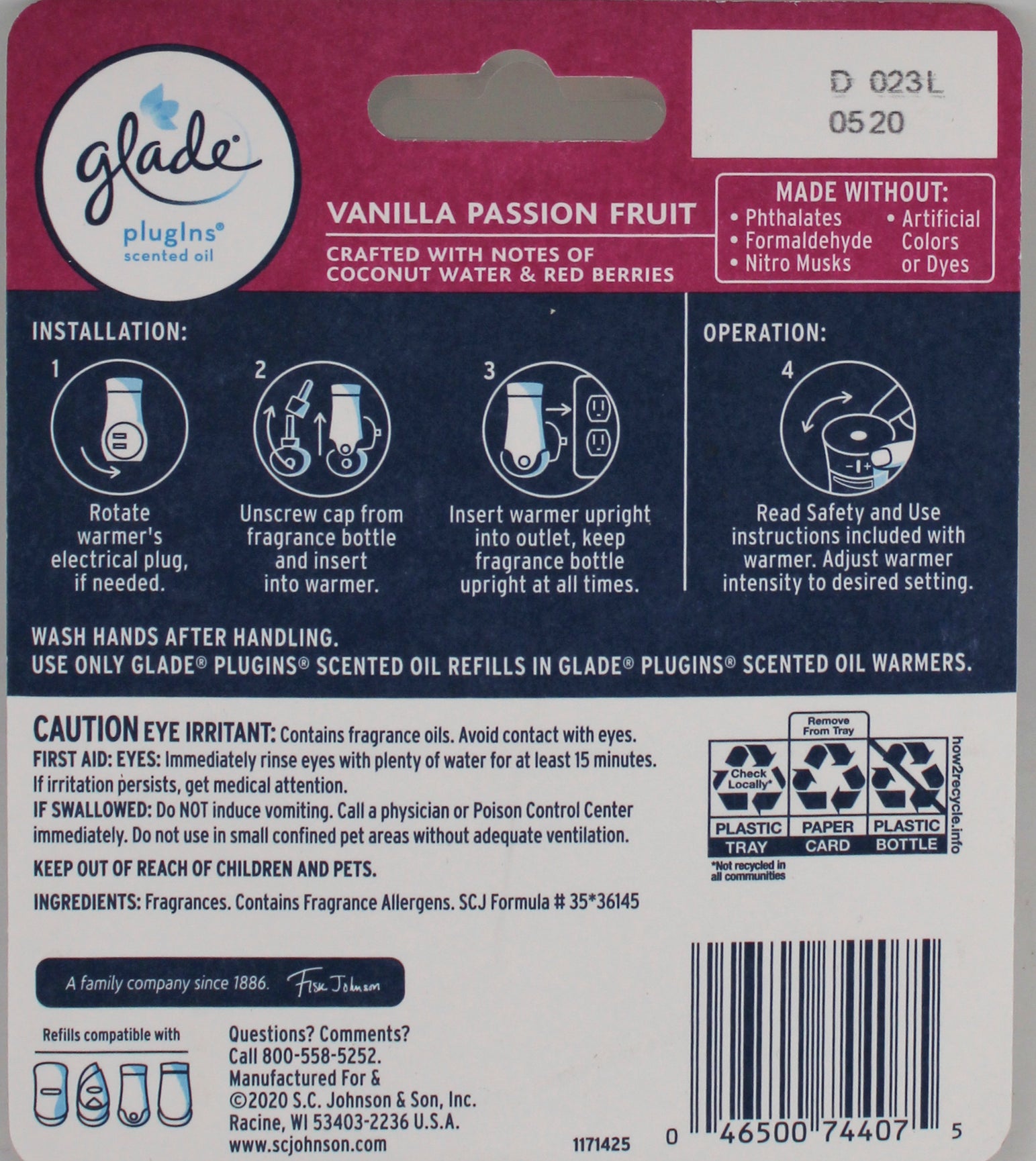 SP GLADE PLUG IN SCENTED OIL  2ct 1.34floz US VANILLA PASSION FRUIT