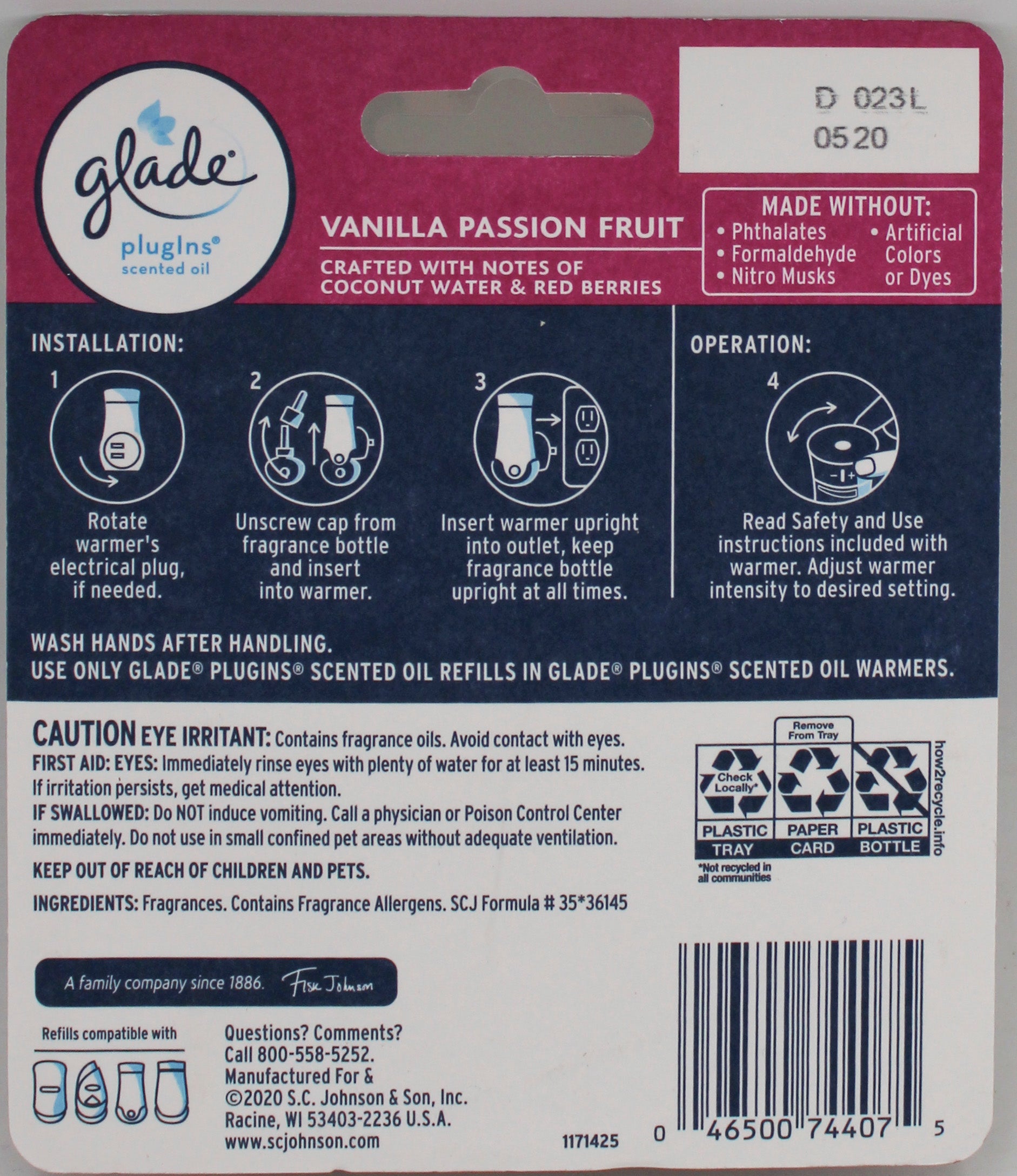 SP GLADE PLUG IN SCENTED OIL  2ct 1.34floz US VANILLA PASSION FRUIT