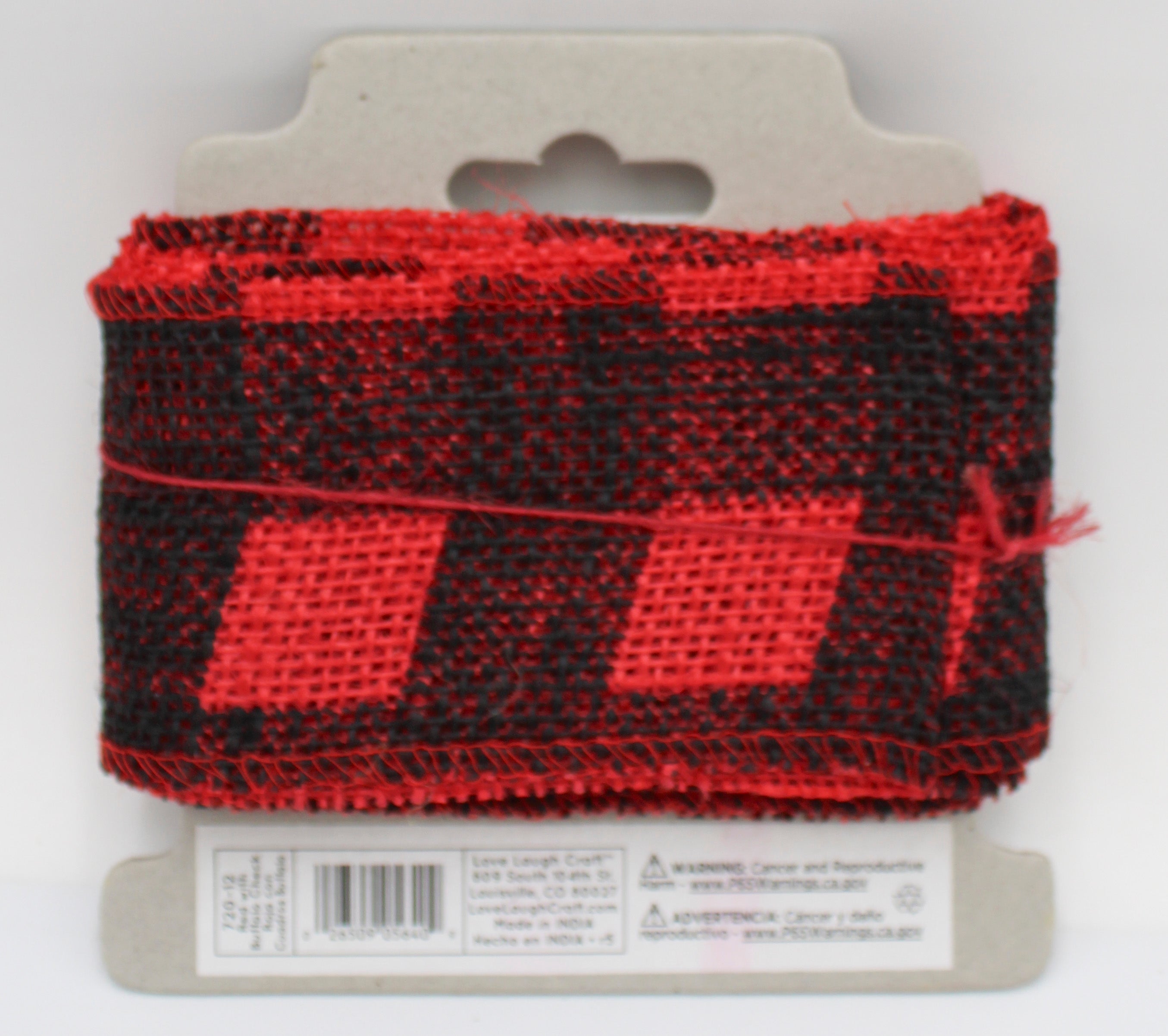 2.5 IN   X 3 YD   RED BURLAP RIBBON - FRAYED EDGES - BLACK SCREENPRINT BUFFALO CHECK