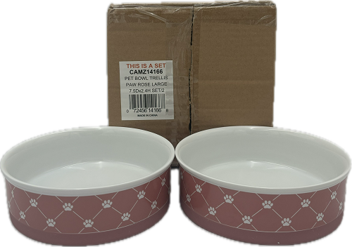 PET BOWL - TRELLIS PAW ROSE - LARGE 7.5Dx2.4H SET/2