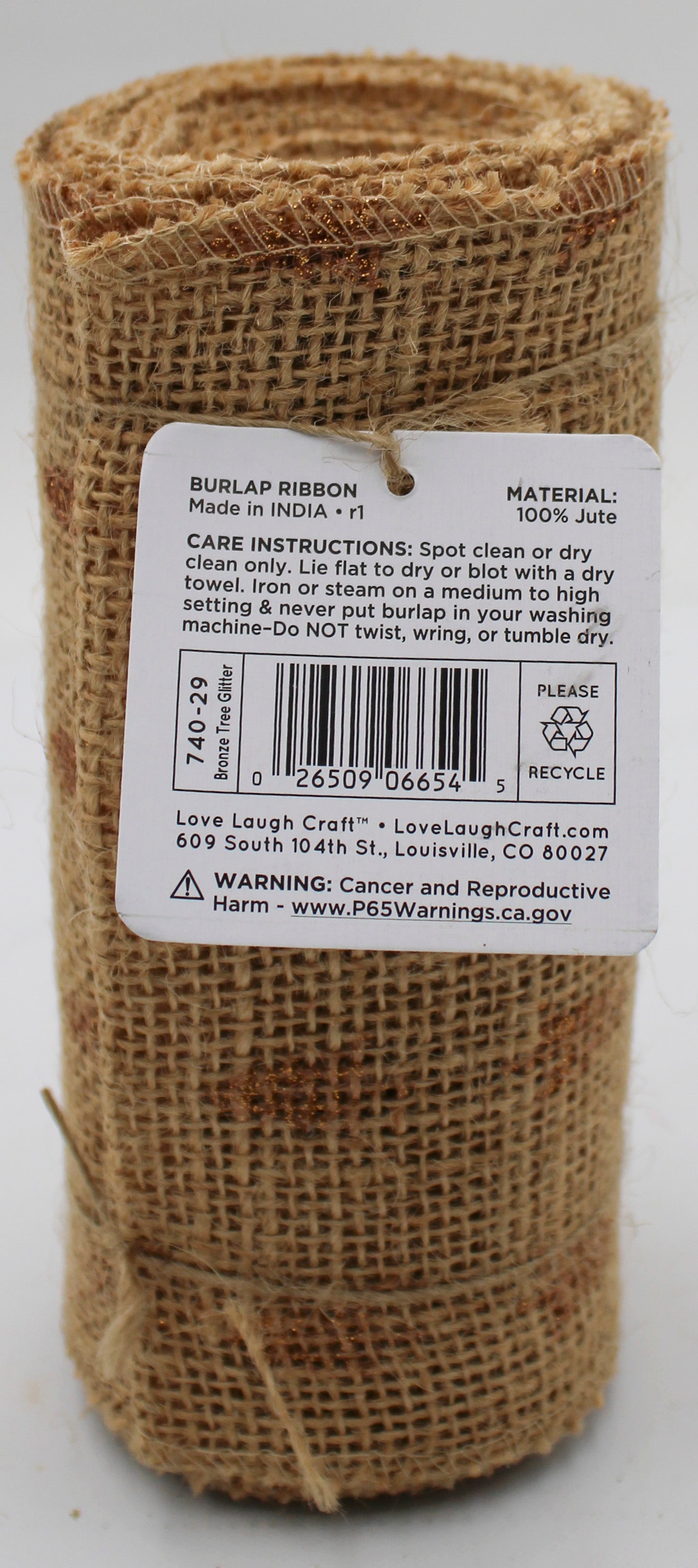 6 IN X 5 YD BURLAP RIBBON - NATURAL BRONZE TREE GLITTER