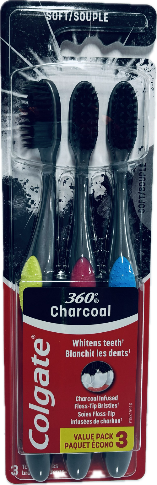 COLGATE 360 CHARCOAL WHITENS TEETH TOOTHBRUSH SOFT 3CT ASSORTED COLORS NI