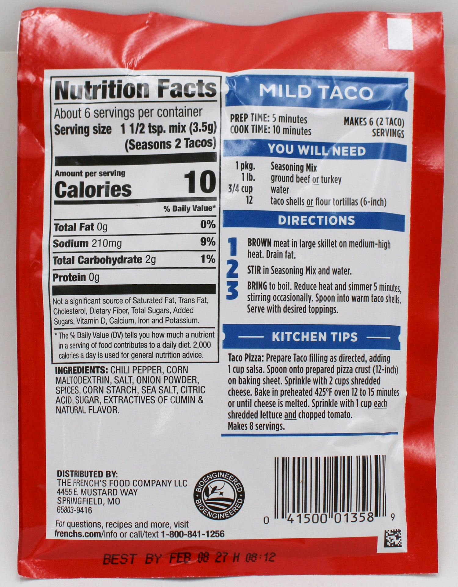 FRENCH'S TACO SEASONING MIX MILD .75 Oz BB 2/8/2027