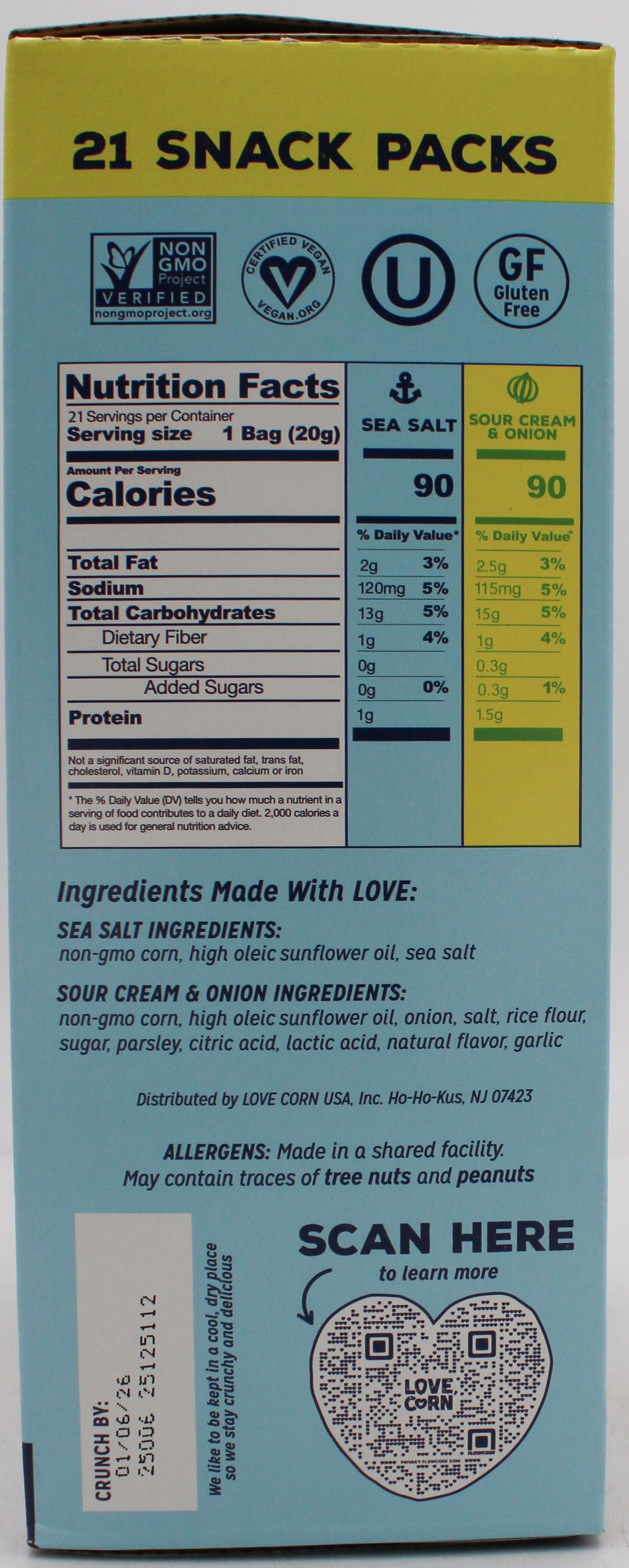 LOVE CORN 21 CT VARIETY PACK SEA SALT & SOUR CREAM ONION  BB 1/6/26