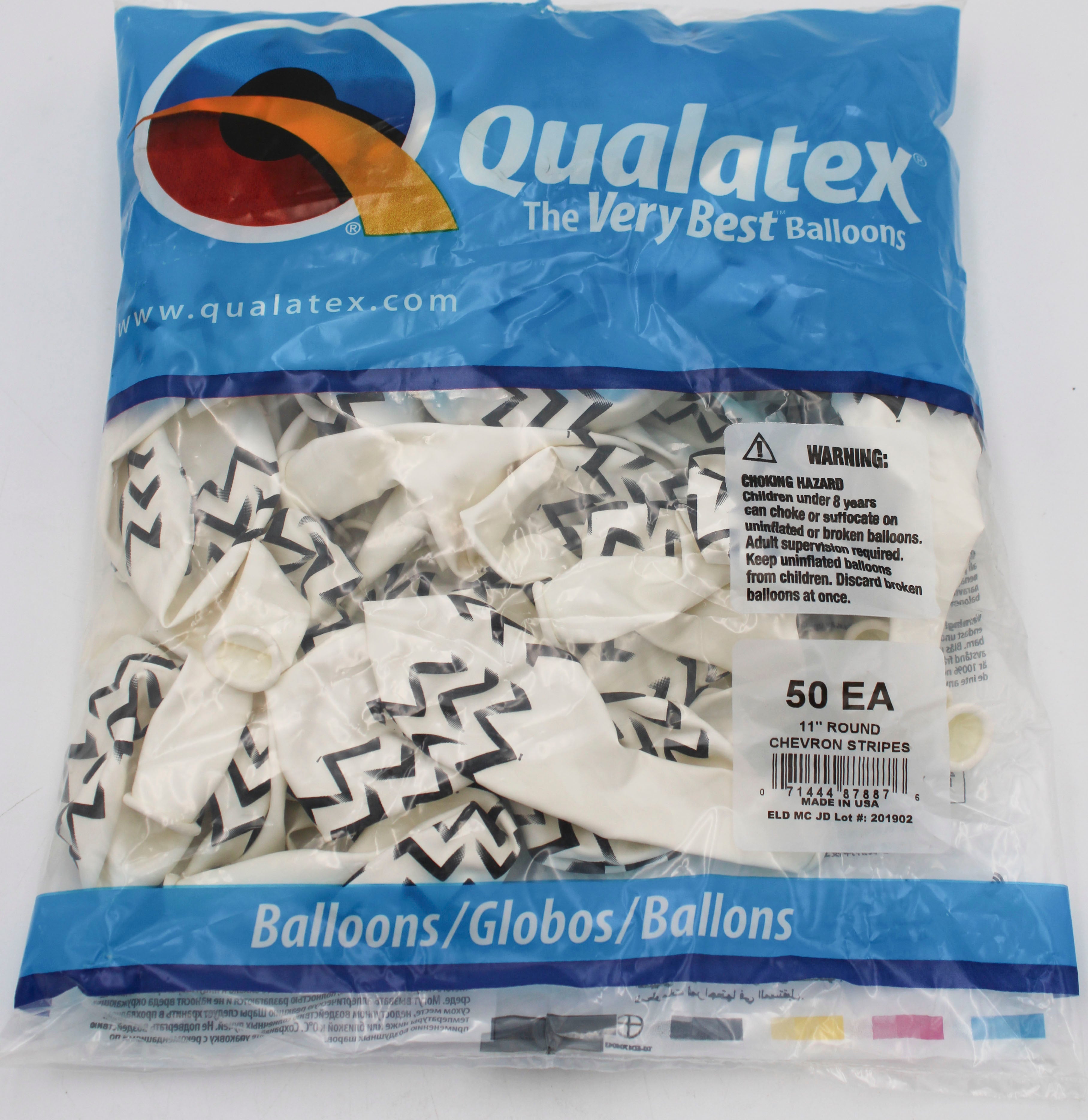 11" ROUND QX LATEX BALLOON WHITE 50CT CHEVRON STRIPES