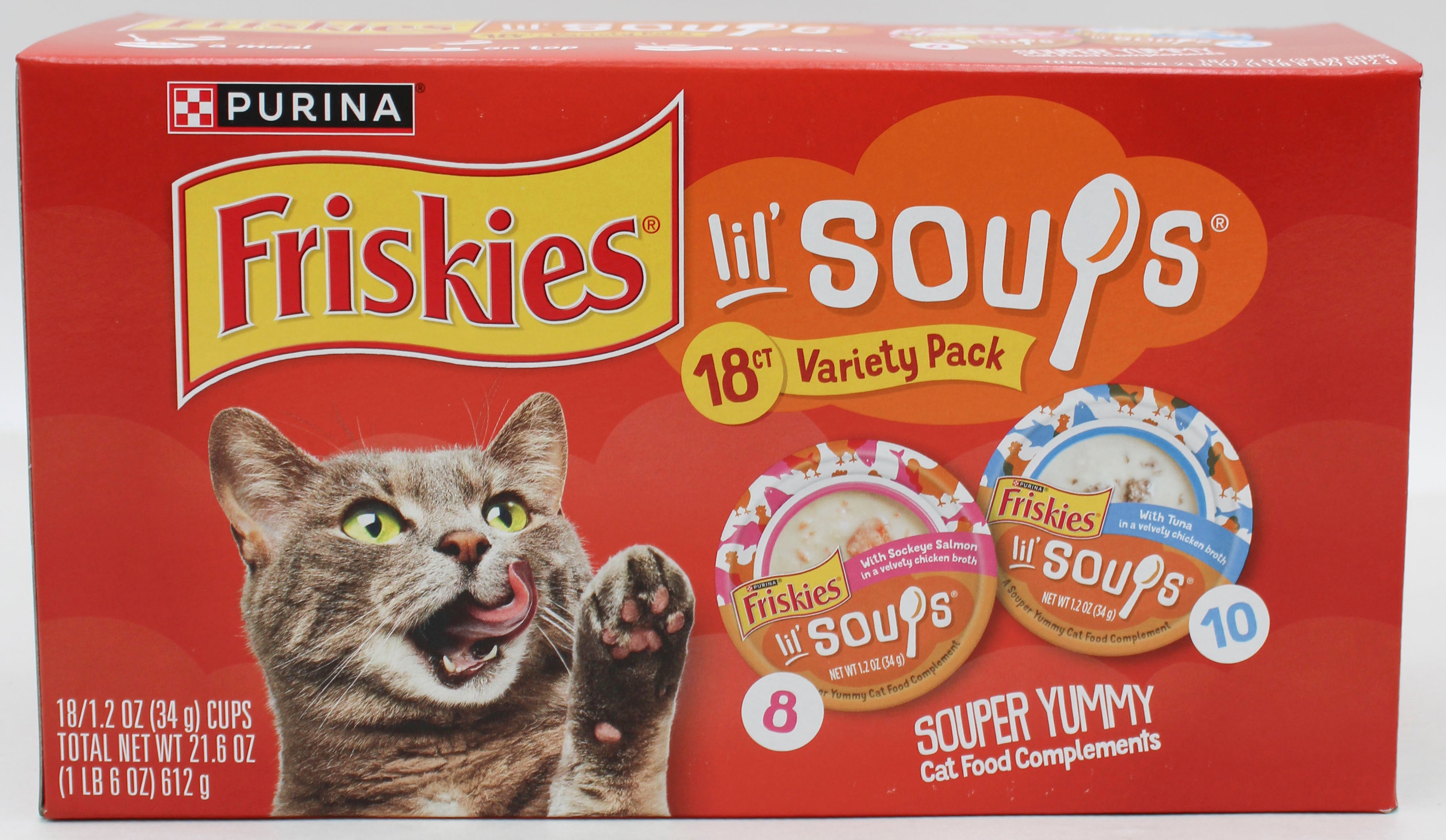 PURINA FRISKIES LIL SOUPS SALMON TUNA VARIETY PACK 1.2oz./18ct BB 1/31/2027 NI