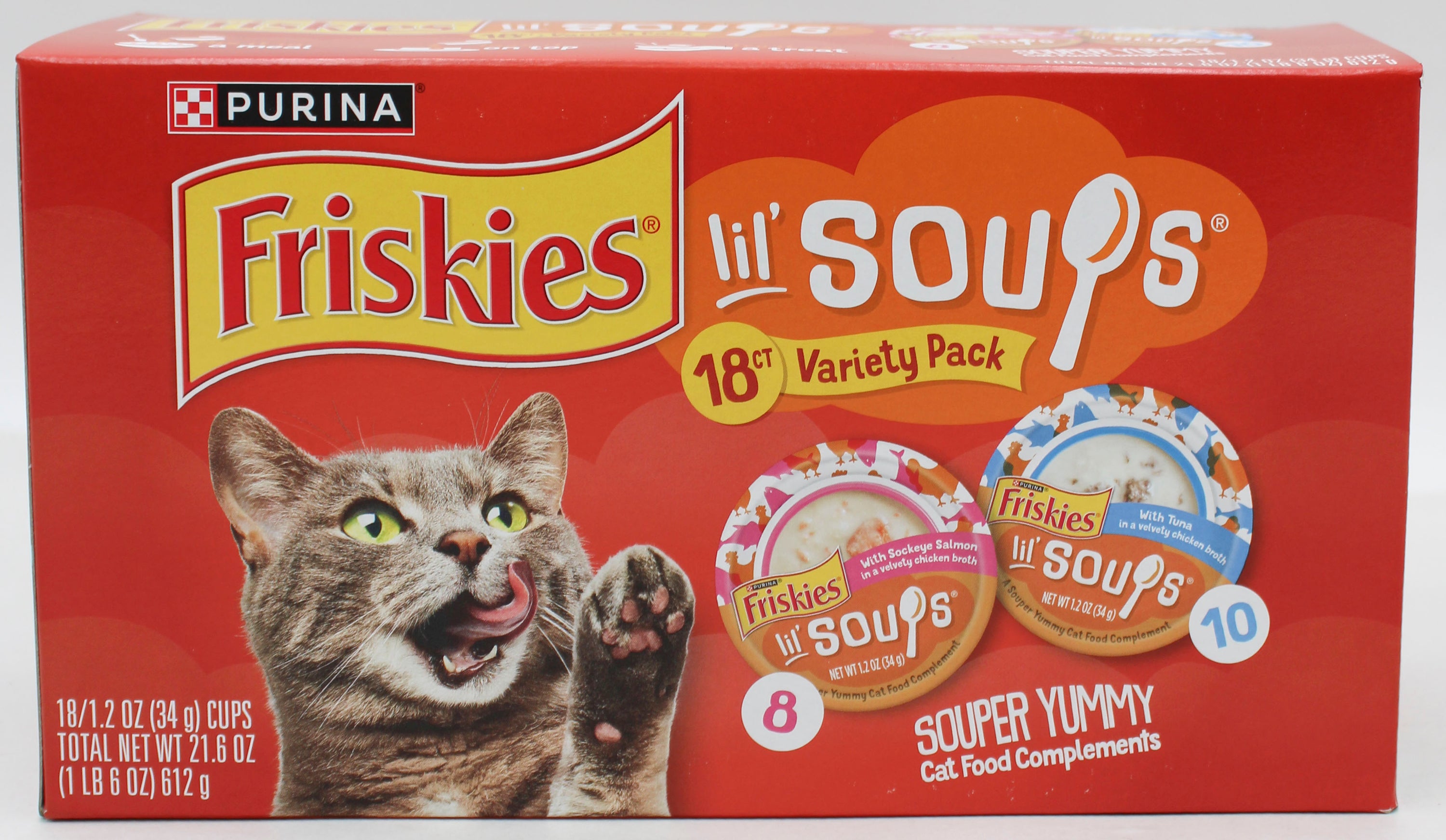 PURINA FRISKIES LIL SOUPS SALMON TUNA VARIETY PACK 1.2oz./18ct BB 1/31/2027 NI