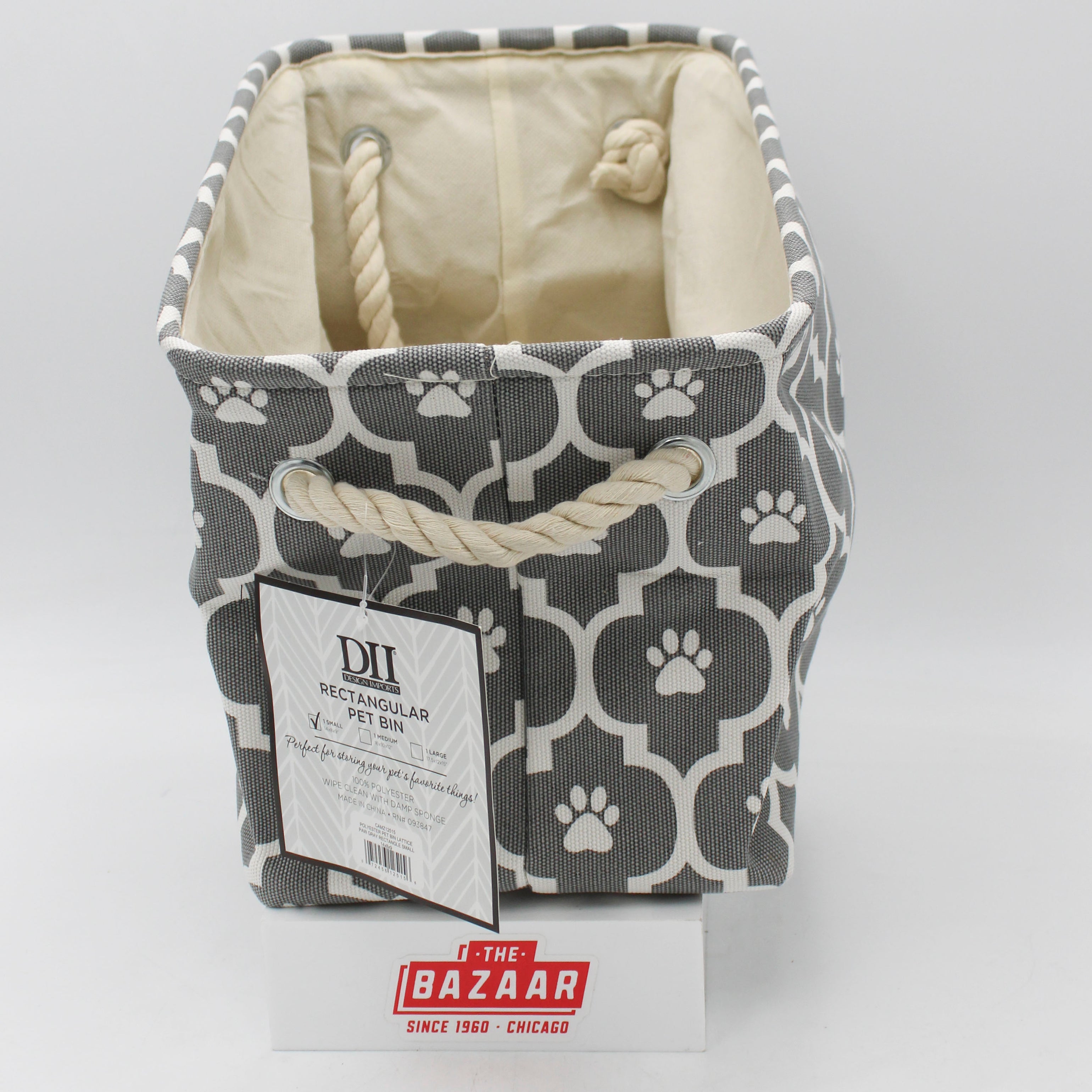 POLYESTER PET BIN LATTICE PAW GRAY RECTANGLE SMALL 14x8x9