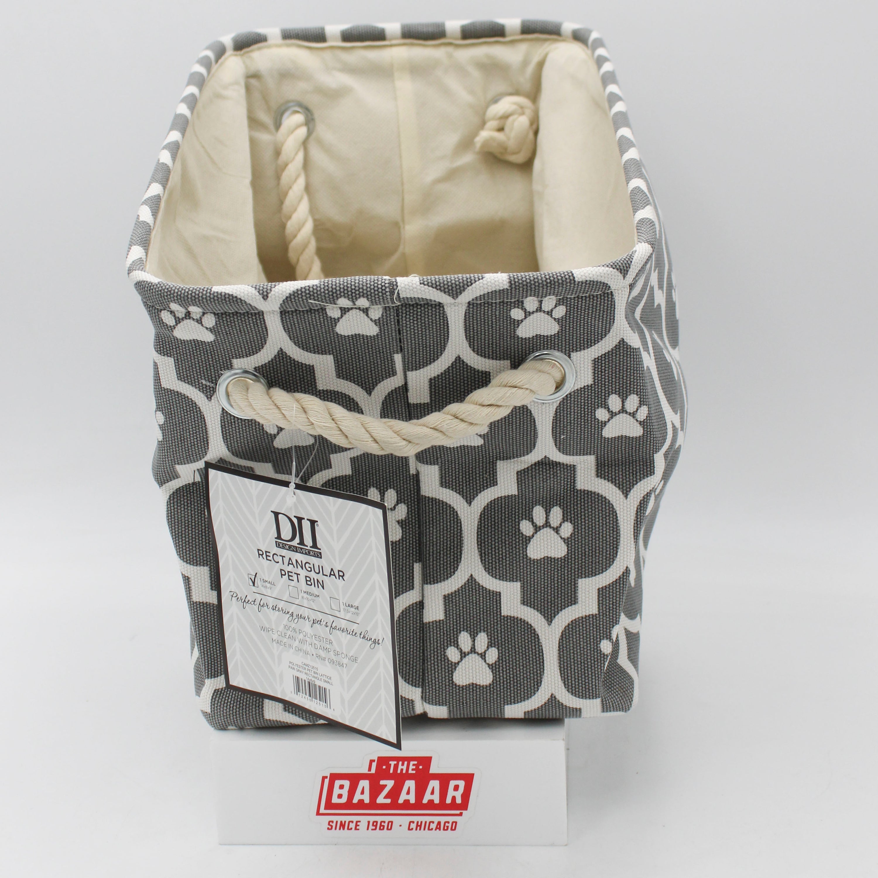 POLYESTER PET BIN LATTICE PAW GRAY RECTANGLE SMALL 14x8x9