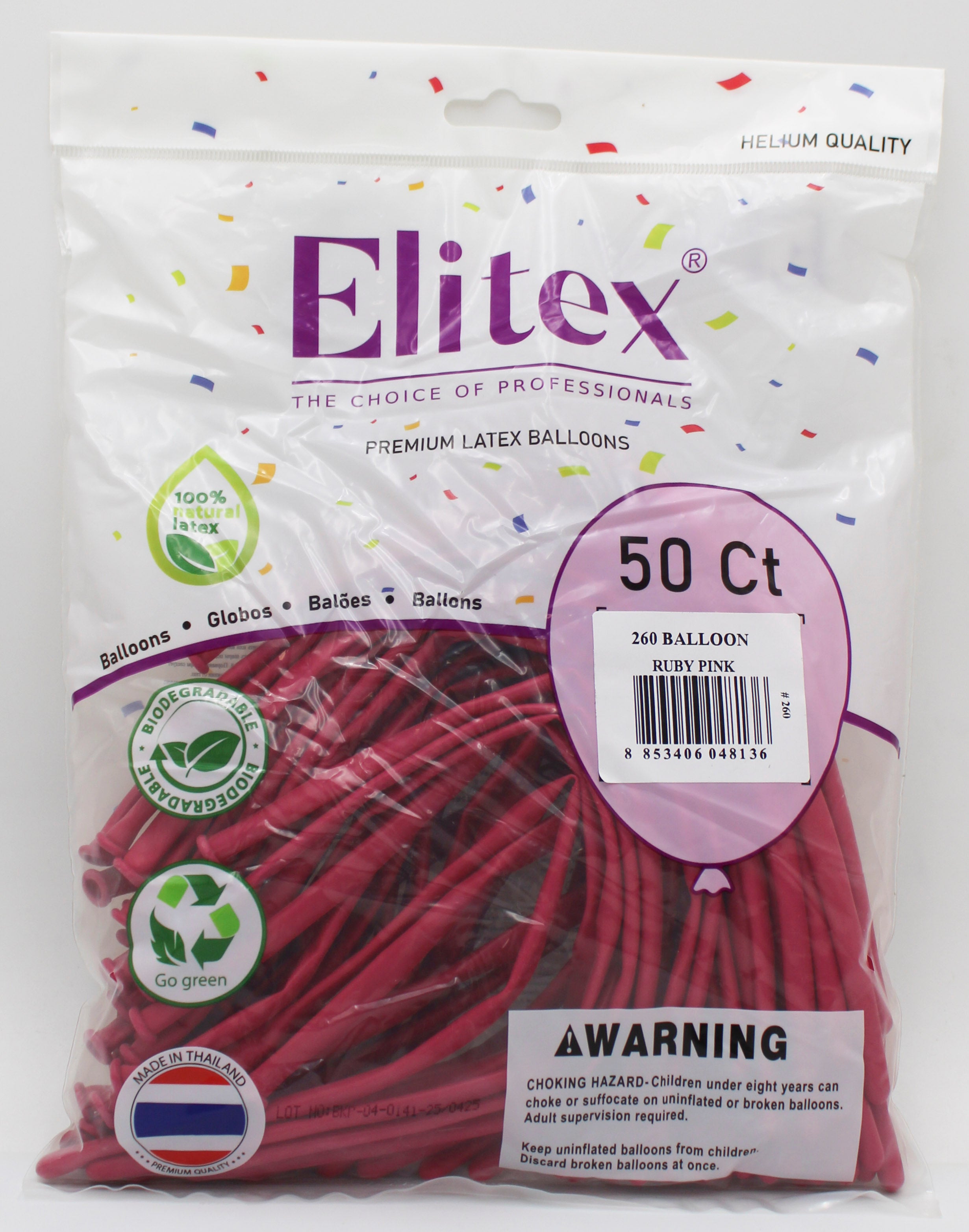 ELITEX 260" RUBY PINK MODELLING BALLOON, 50 PACK