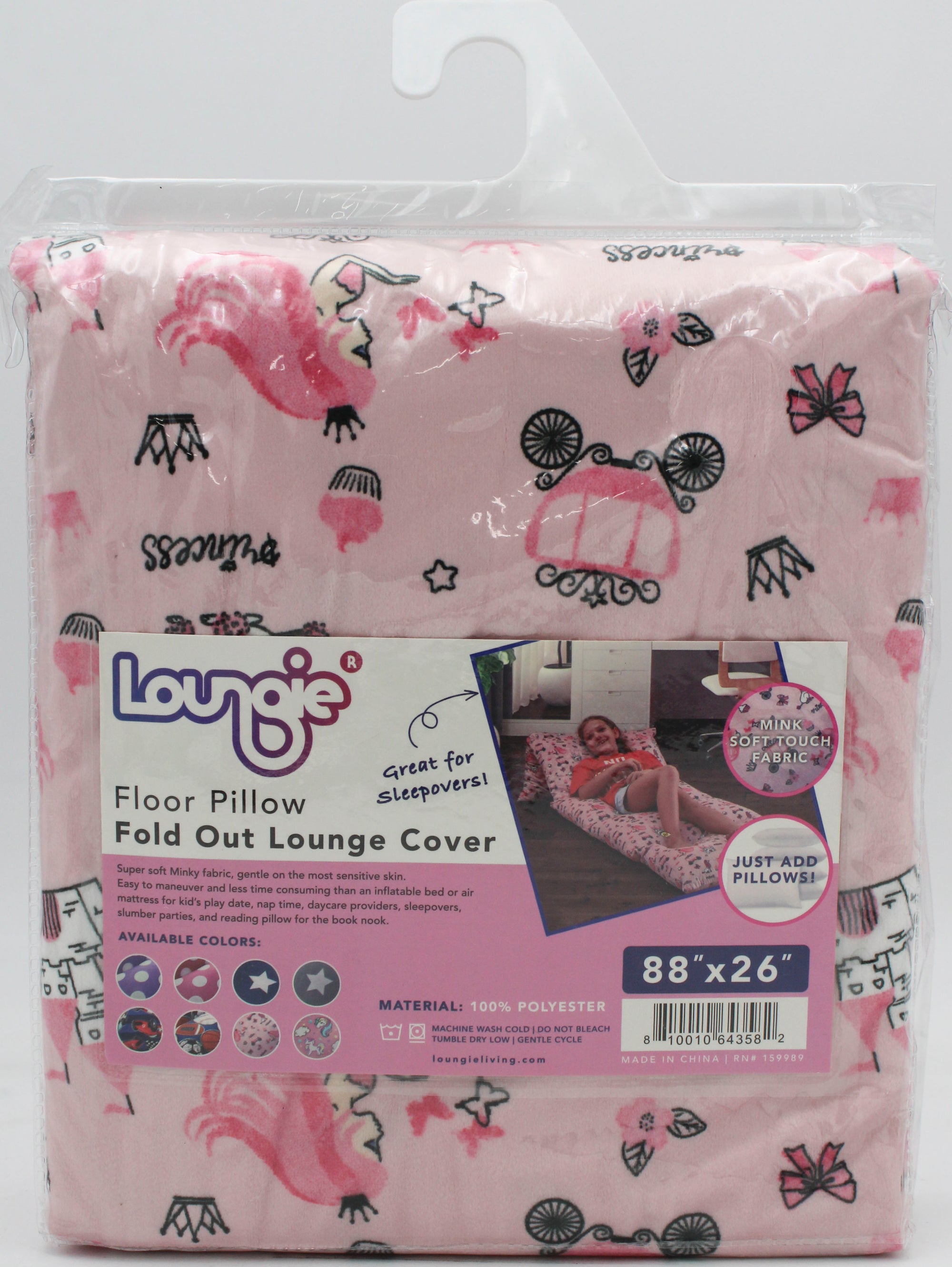 Loungie Lounger Pillow Cover for Kids, 88 Inch Foldable Lounger for Sleepovers, Travel, Naps, Princess Pink