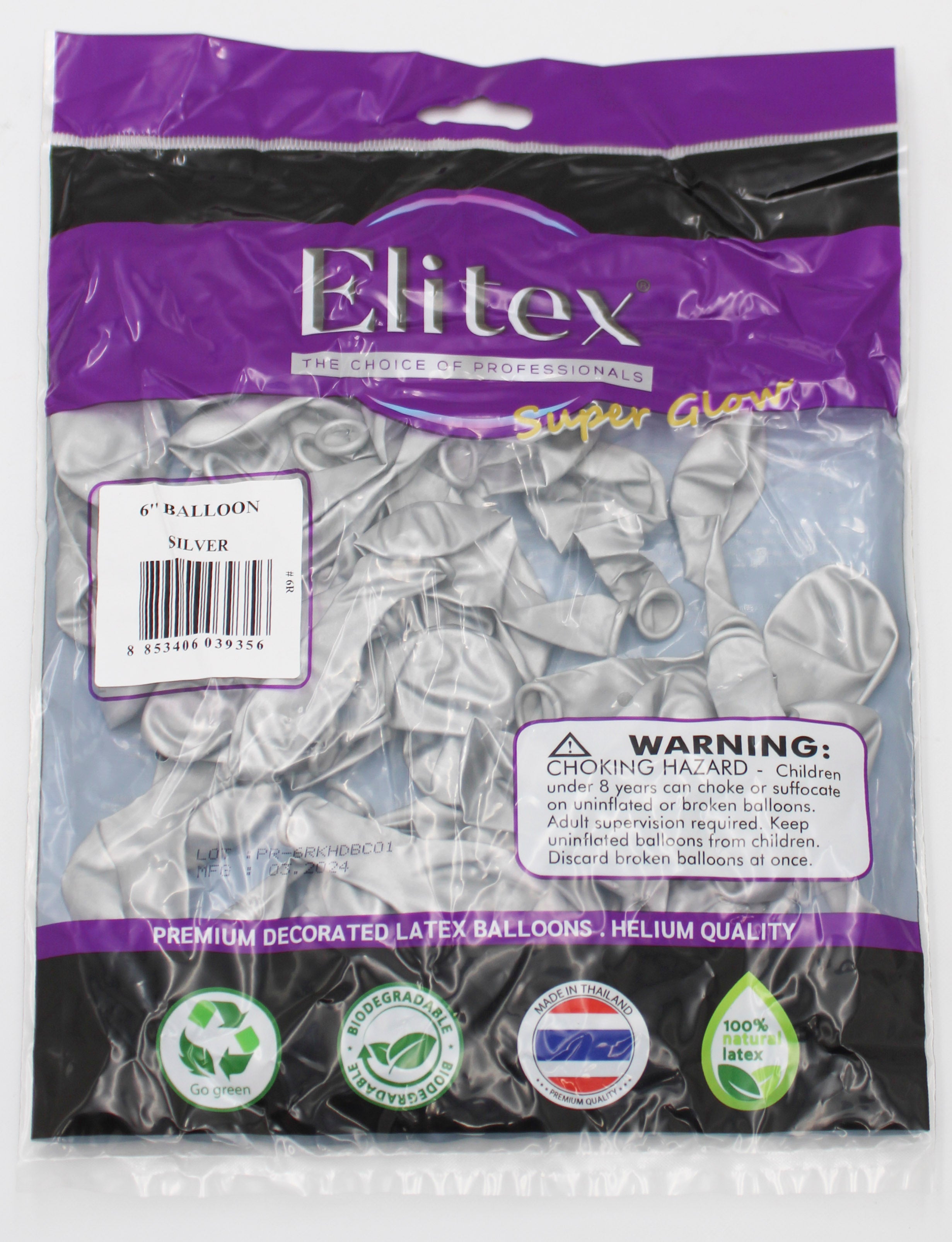 ELITEX 6" SUPERGLOW SILVER ROUND BALLOON, 50 PACK