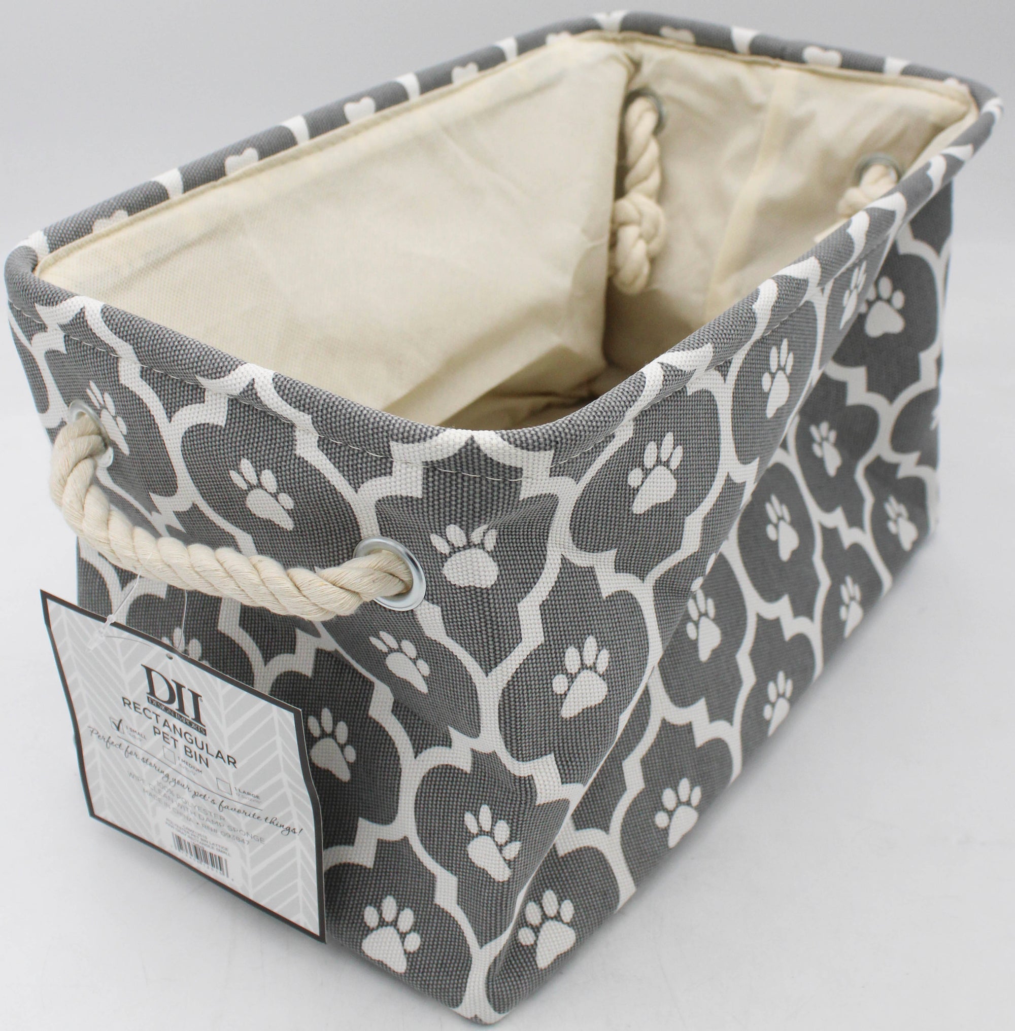 POLYESTER PET BIN LATTICE PAW GRAY RECTANGLE SMALL 14x8x9.